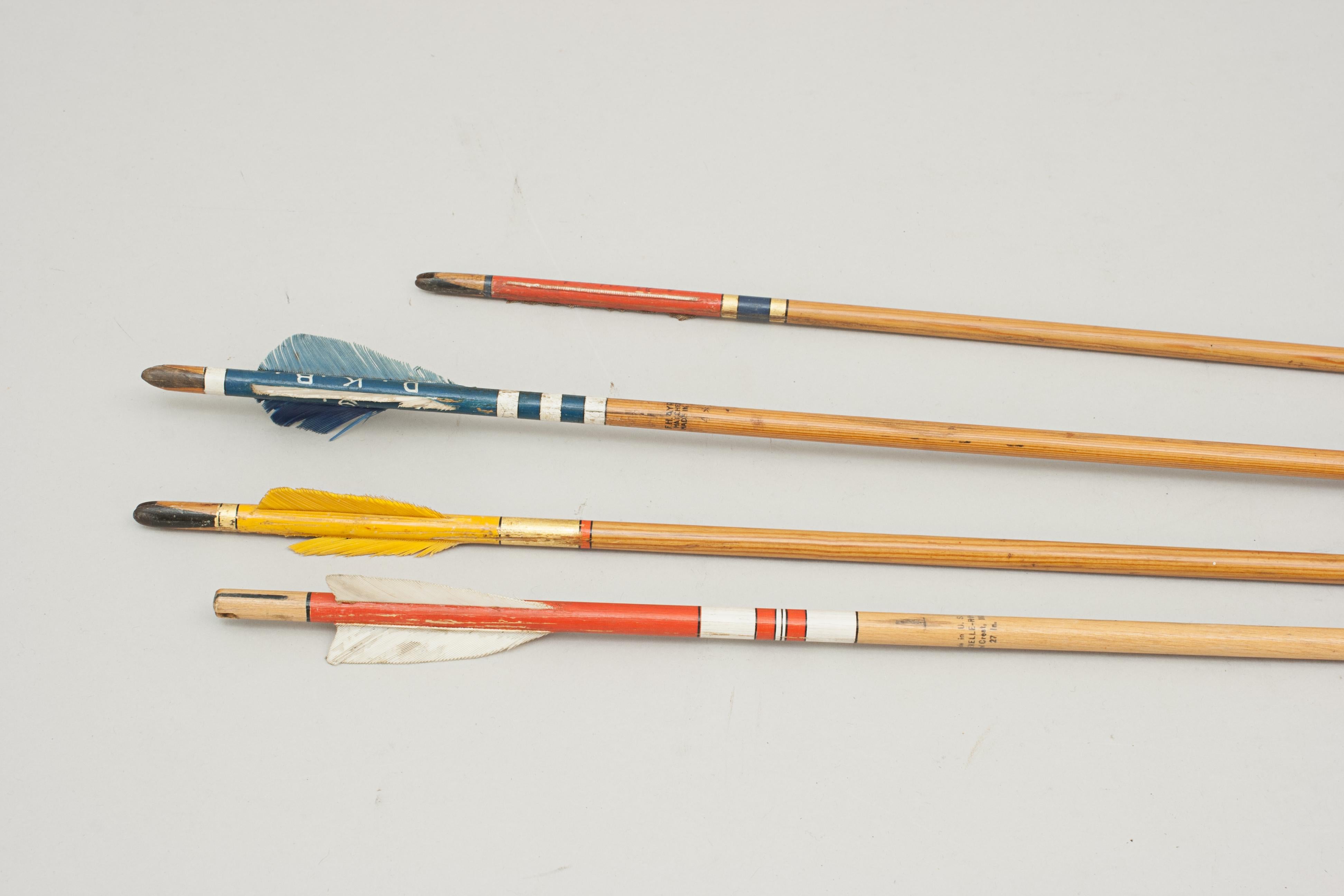 A Victorian leather archery hip quiver.
An unusual small green leather archery arrow side hip quiver. The quiver comes with a selection of four arrows, three are target arrows. Two arrows are made by F.H. Ayres (London), one by Rounsevelle-Rohm