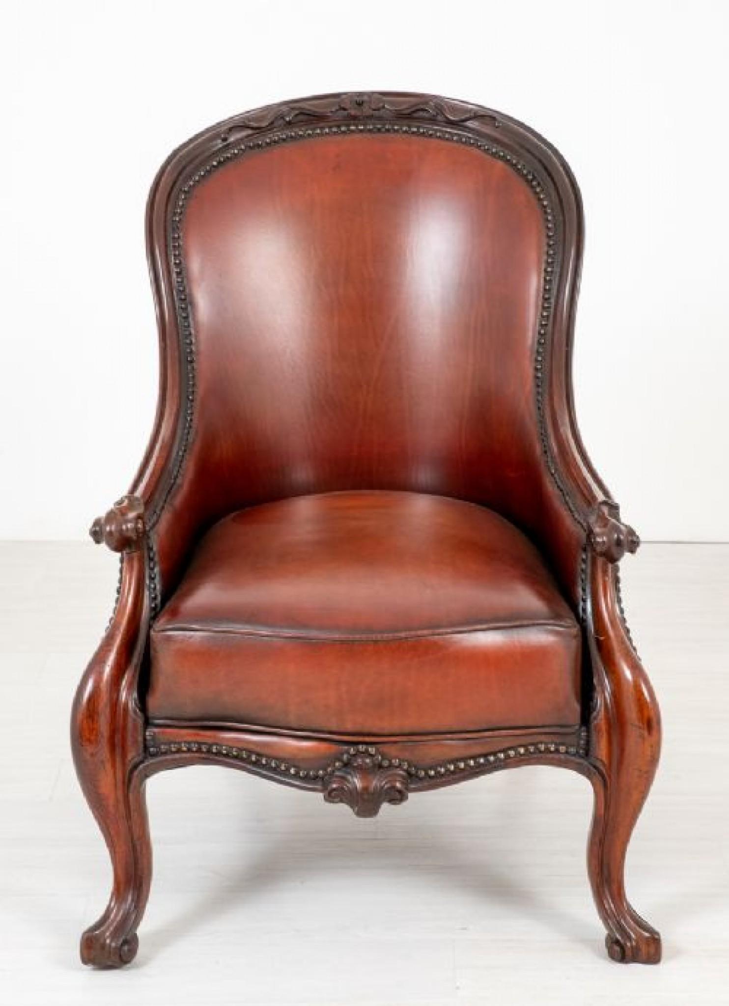 Victorian Arm Chair Leather Seat Cabriole Leg, 1860 For Sale 2