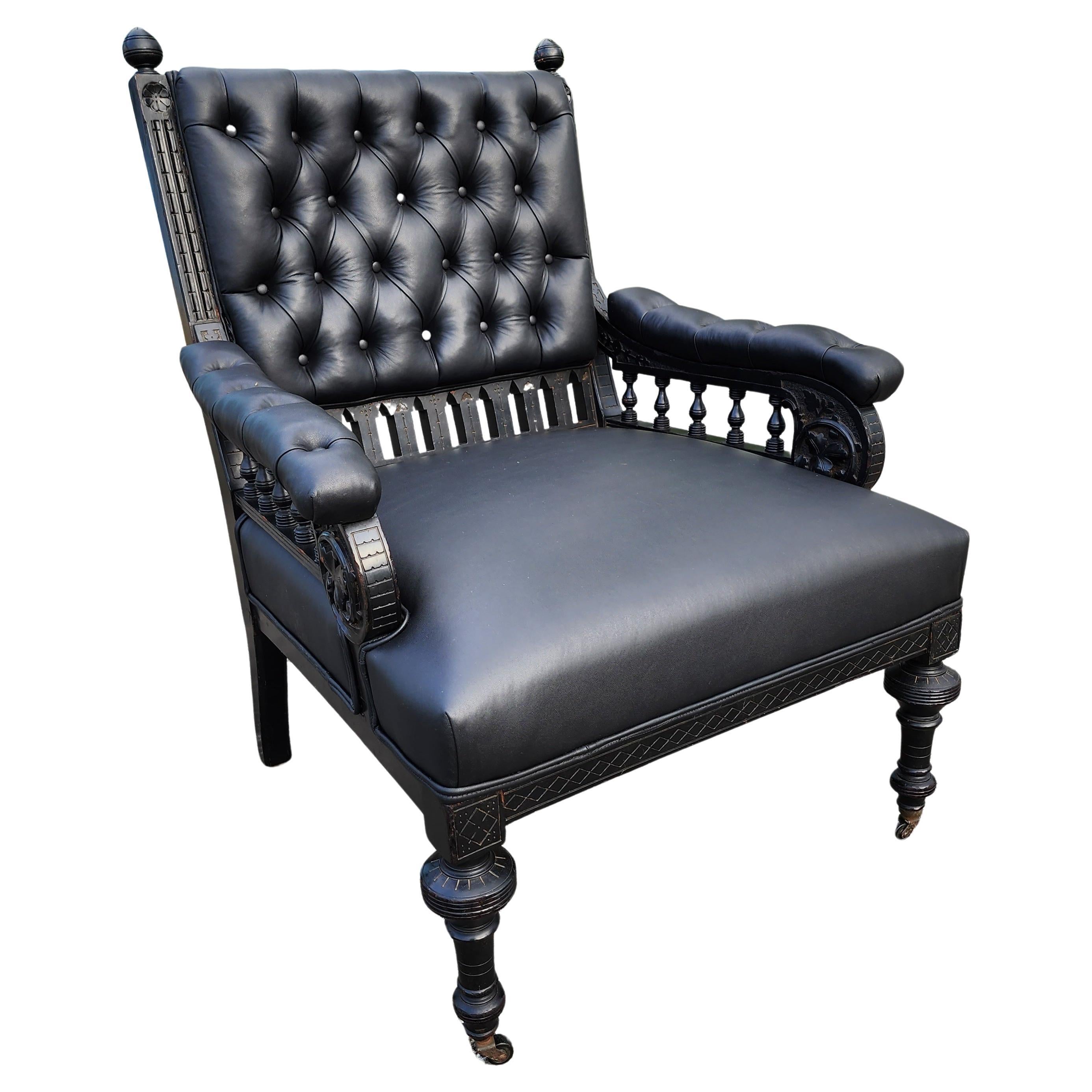 Library Chair in Carved and Ebonized Wood With Black Leather  In Good Condition For Sale In Hudson, NY