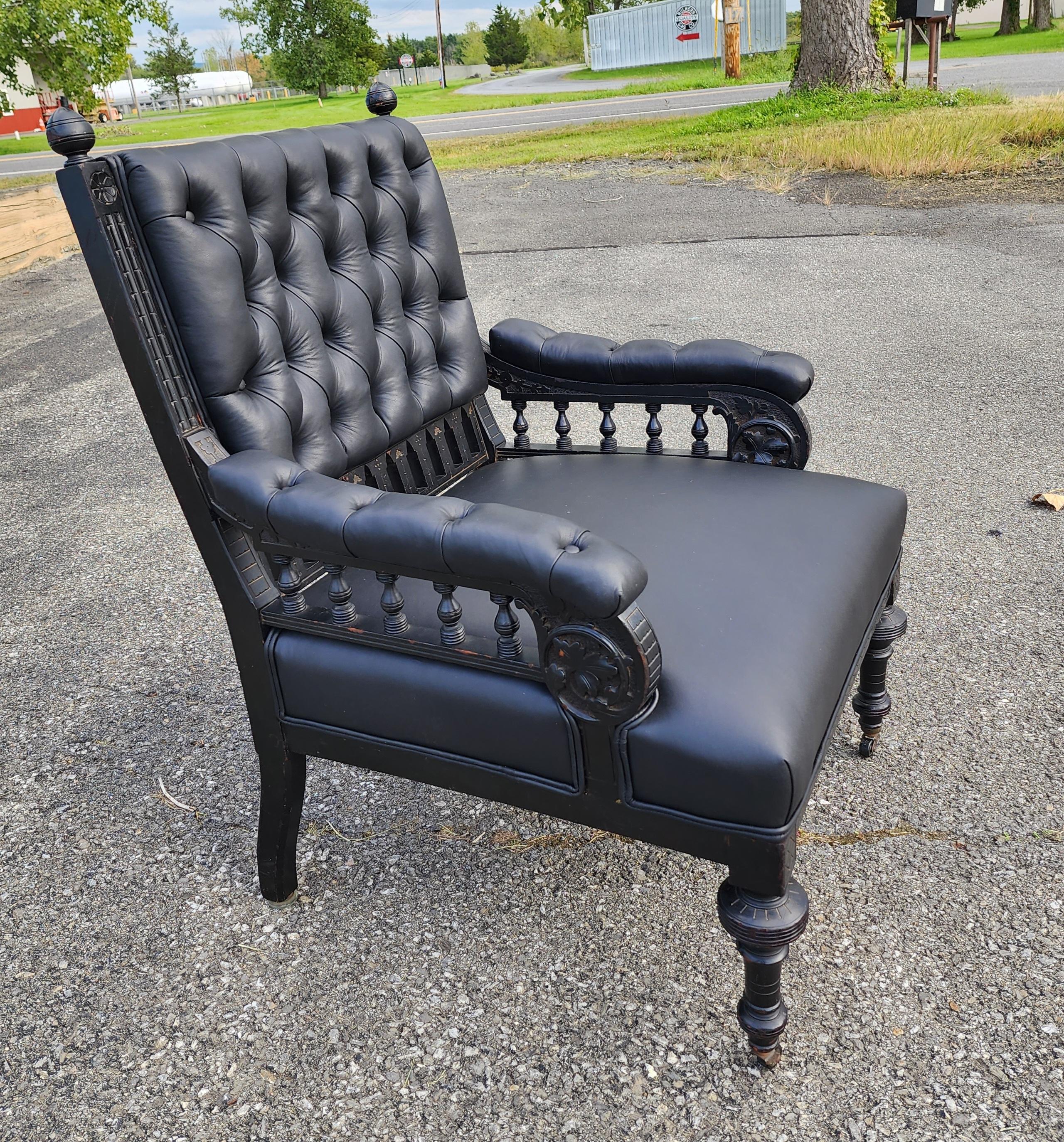 Library Chair in Carved and Ebonized Wood With Black Leather 4