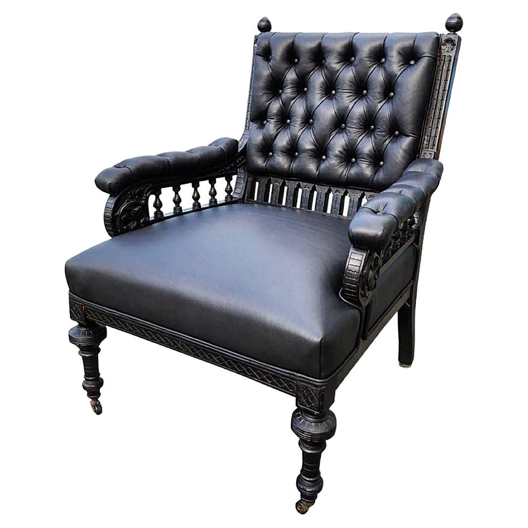 American Library Chair in Carved and Ebonized Wood With Black Leather  For Sale