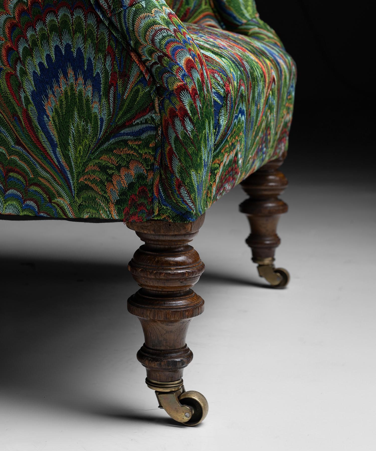 Late 19th Century Victorian Armchair in Embroidered Pierre Frey Circa 1880