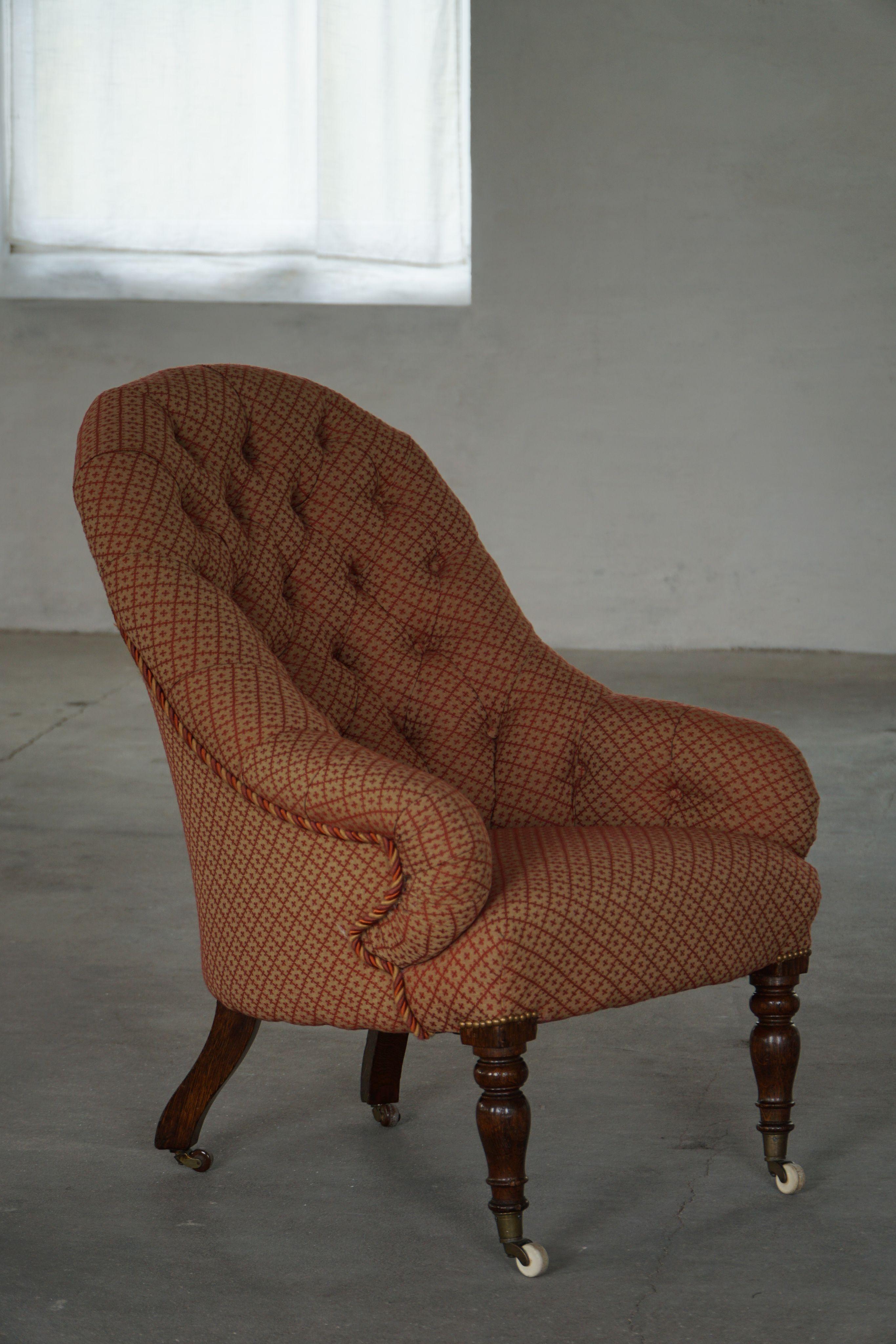 Rococo Victorian Armchair in Mahogany, Wheels & Colorful Fabric, England, Early 1900s For Sale