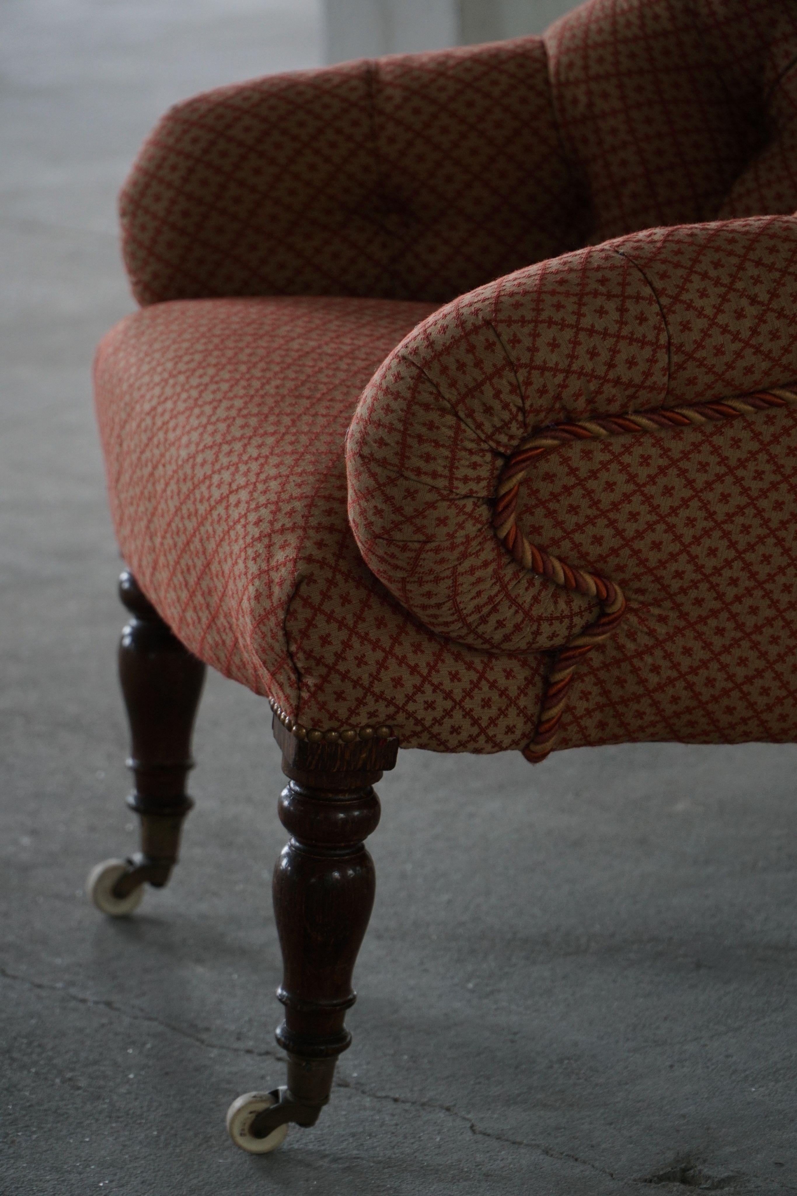 Victorian Armchair in Mahogany, Wheels & Colorful Fabric, England, Early 1900s For Sale 3