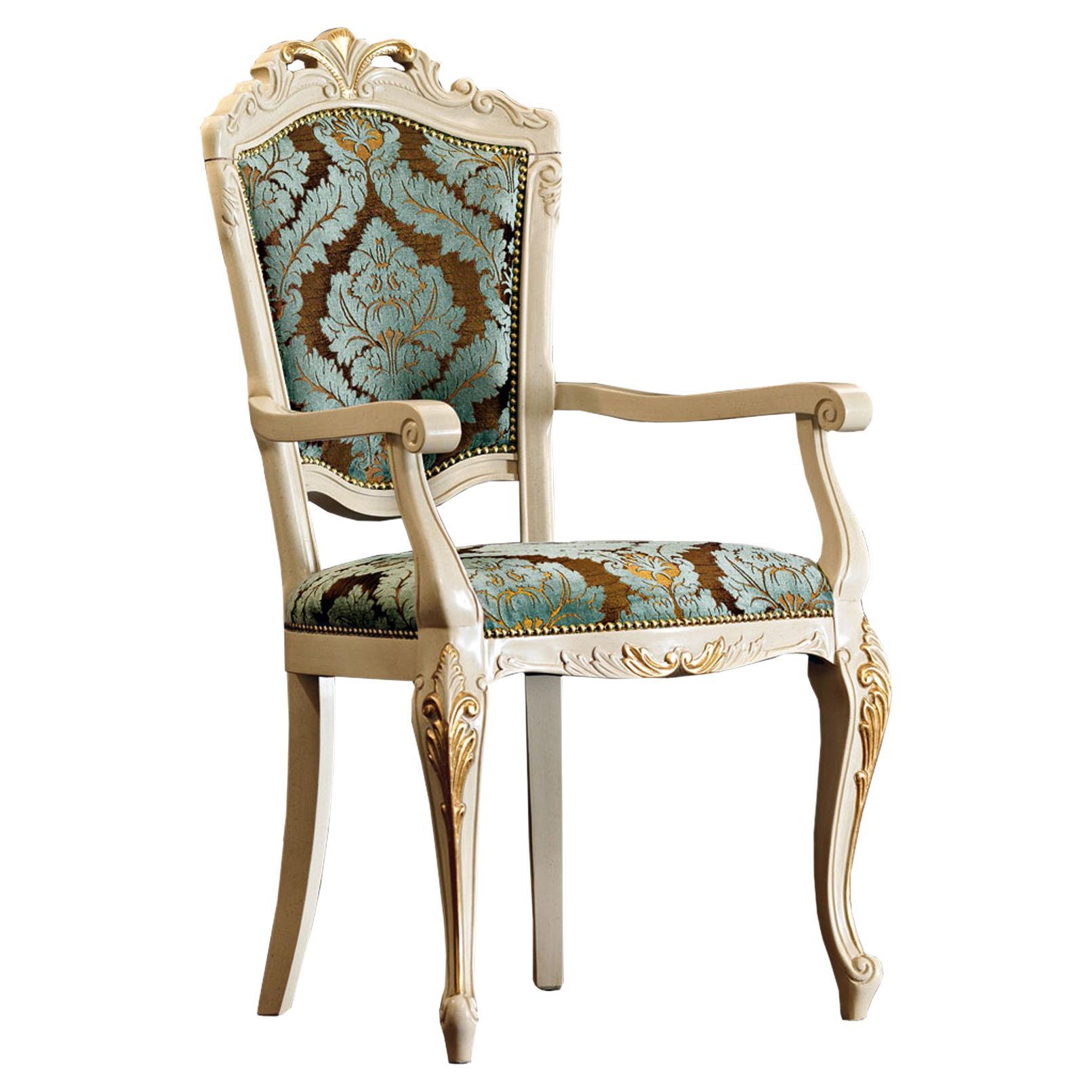 Victorian Armchair in White Finish and Bluemarine Upholstered Seating, Modenese For Sale