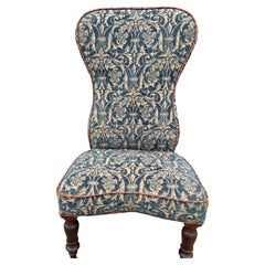 Victorian Armless Slipper Chair & Footstool Blue Chenille Baroque Upholstery