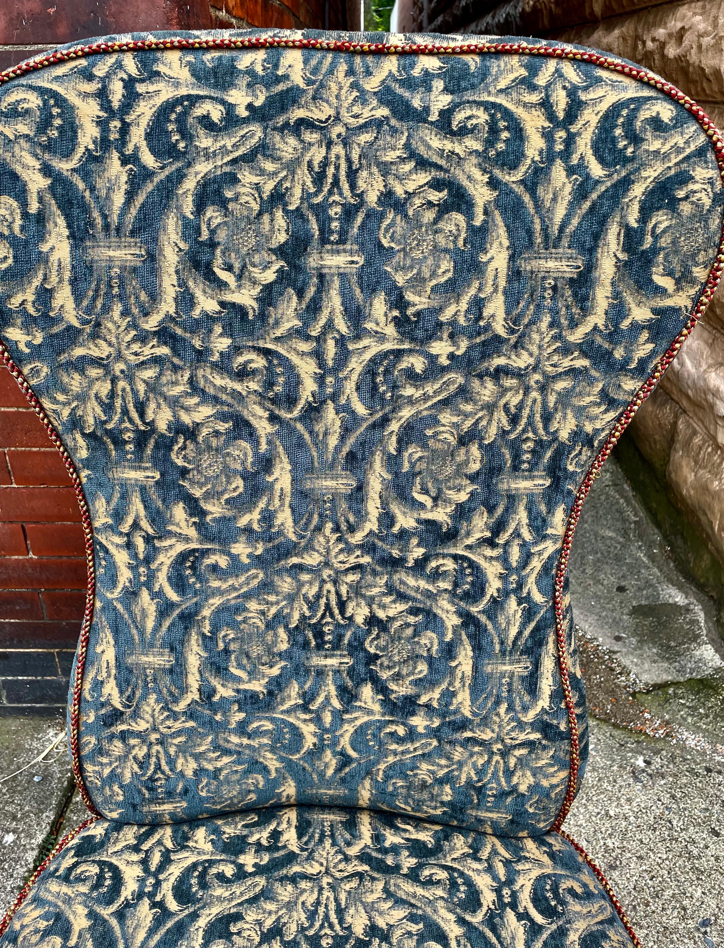Victorian Armless Slipper Chair & Footstool Blau Chenille Barock Polsterung im Angebot 2