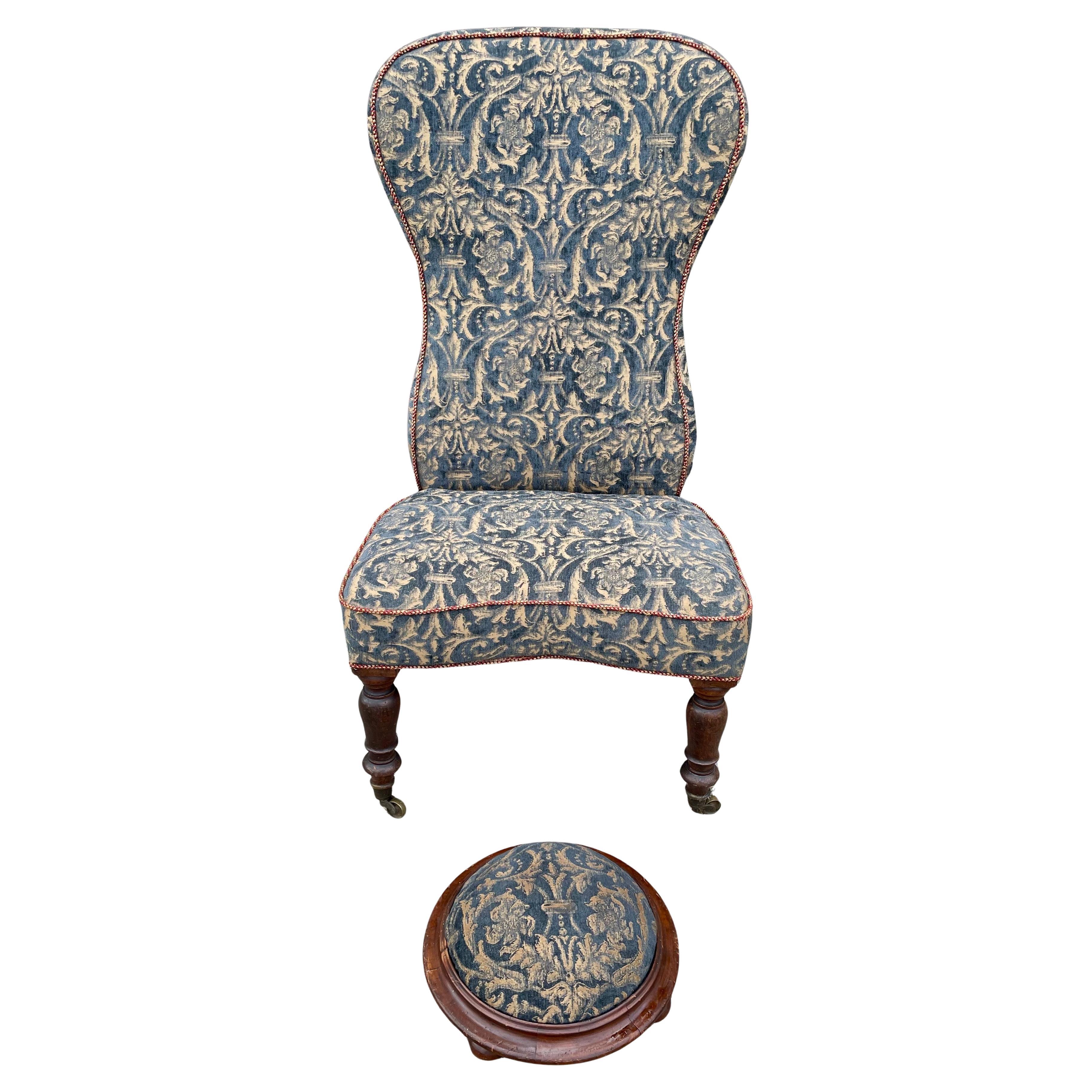 Victorian Armless Slipper Chair & Footstool Blau Chenille Barock Polsterung im Angebot