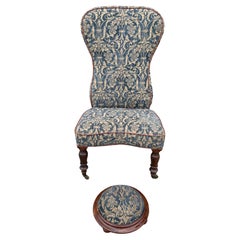 Victorian Armless Slipper Chair & Footstool Blau Chenille Barock Polsterung