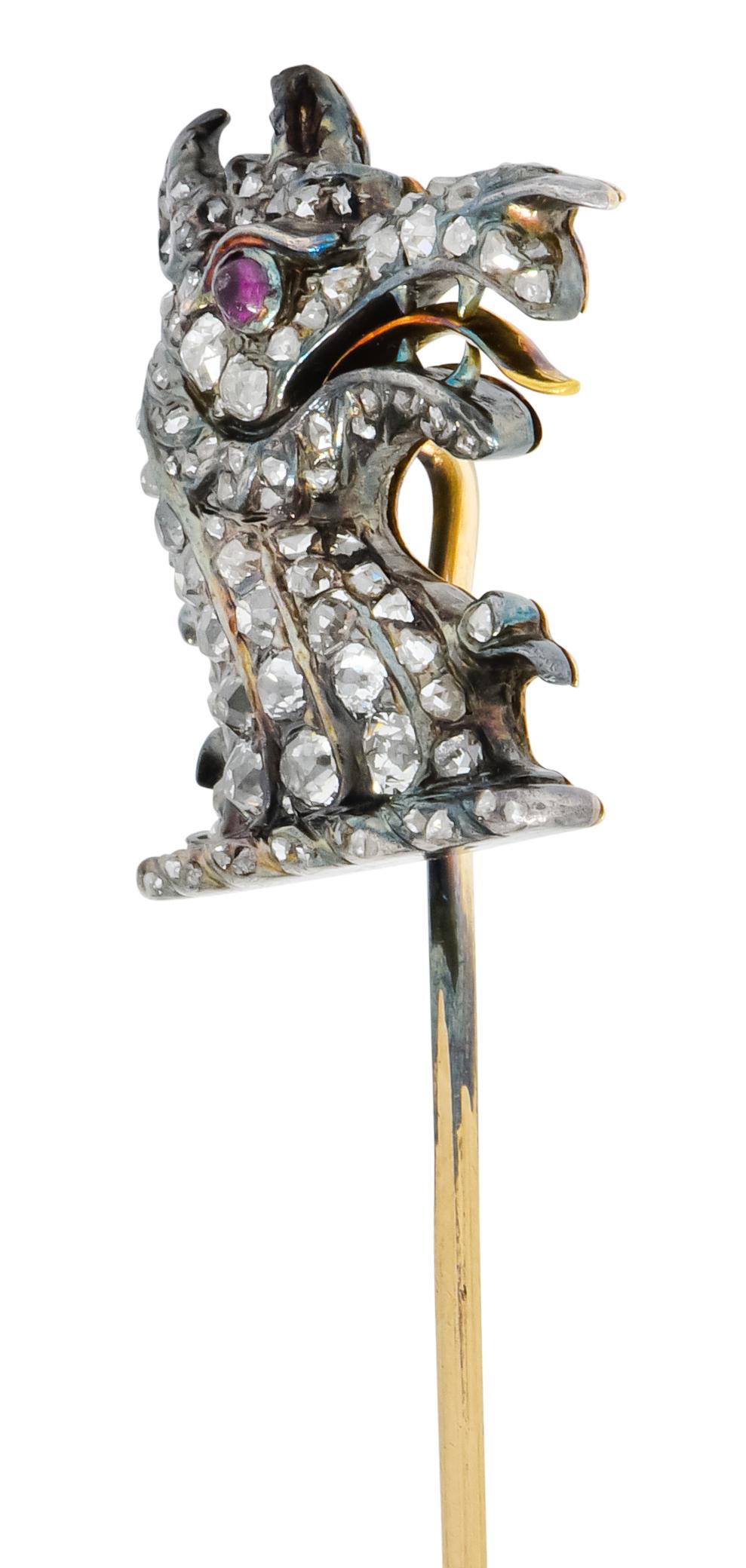 Victorian Armorial Crest Rose Cut Diamond 14 Karat Gold Silver Dragon Stickpin In Excellent Condition For Sale In Philadelphia, PA