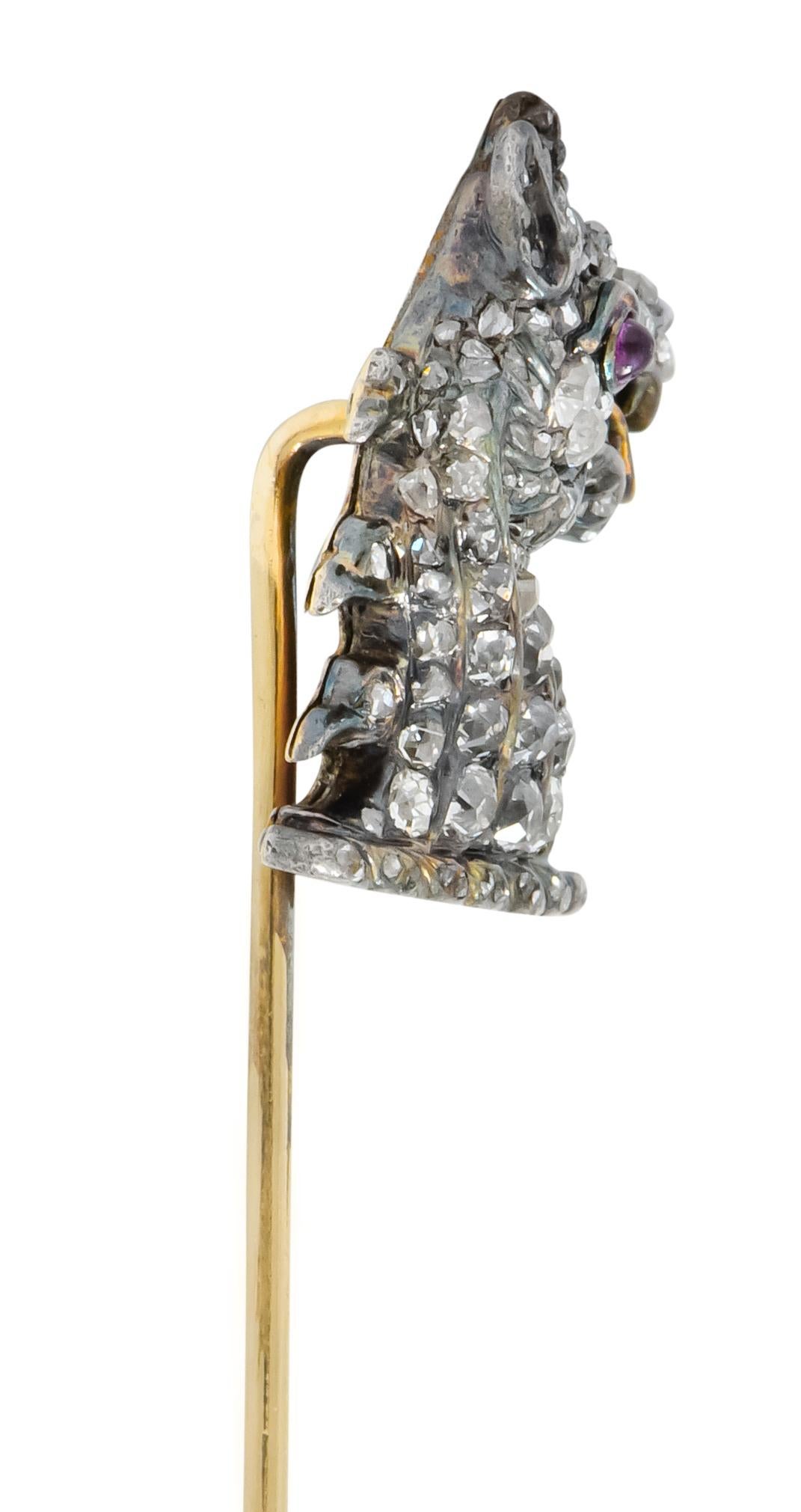 Victorian Armorial Crest Rose Cut Diamond 14 Karat Gold Silver Dragon Stickpin For Sale 1