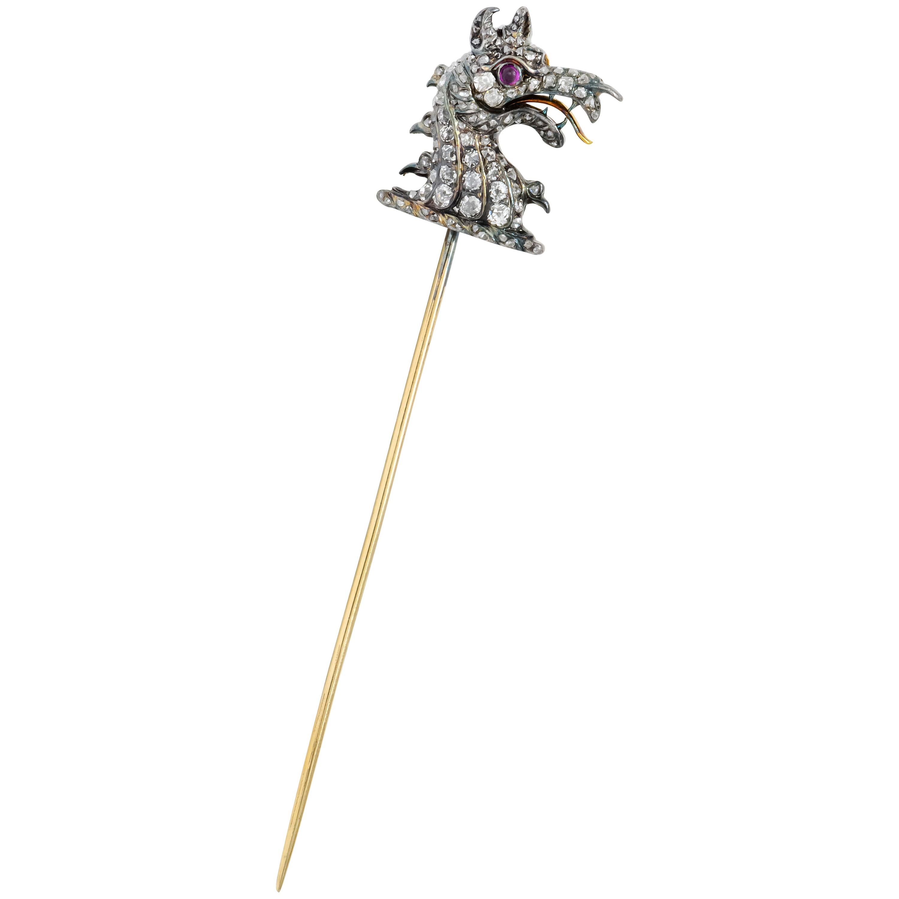 Victorian Armorial Crest Rose Cut Diamond 14 Karat Gold Silver Dragon Stickpin For Sale