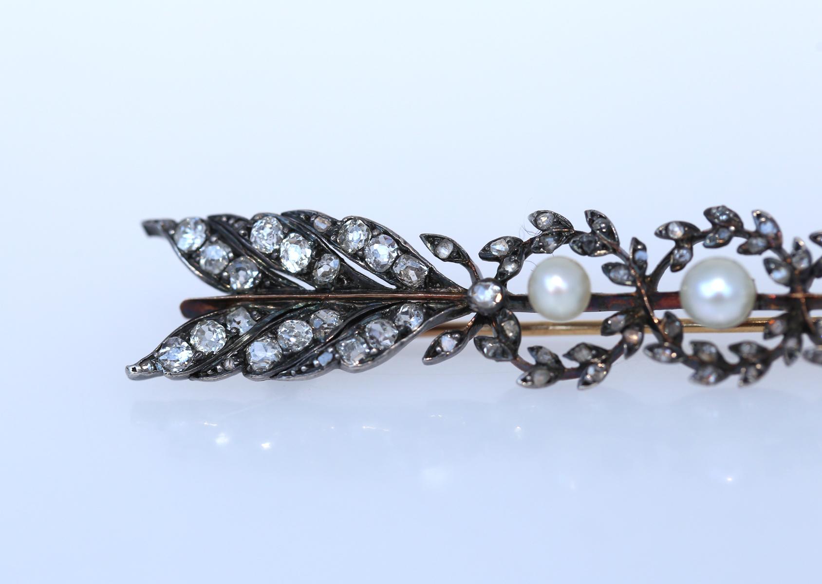 Victorian Arrow Brooch Rose-Cut Diamonds Pearls Gold Silver Unisex, 1895 For Sale 6