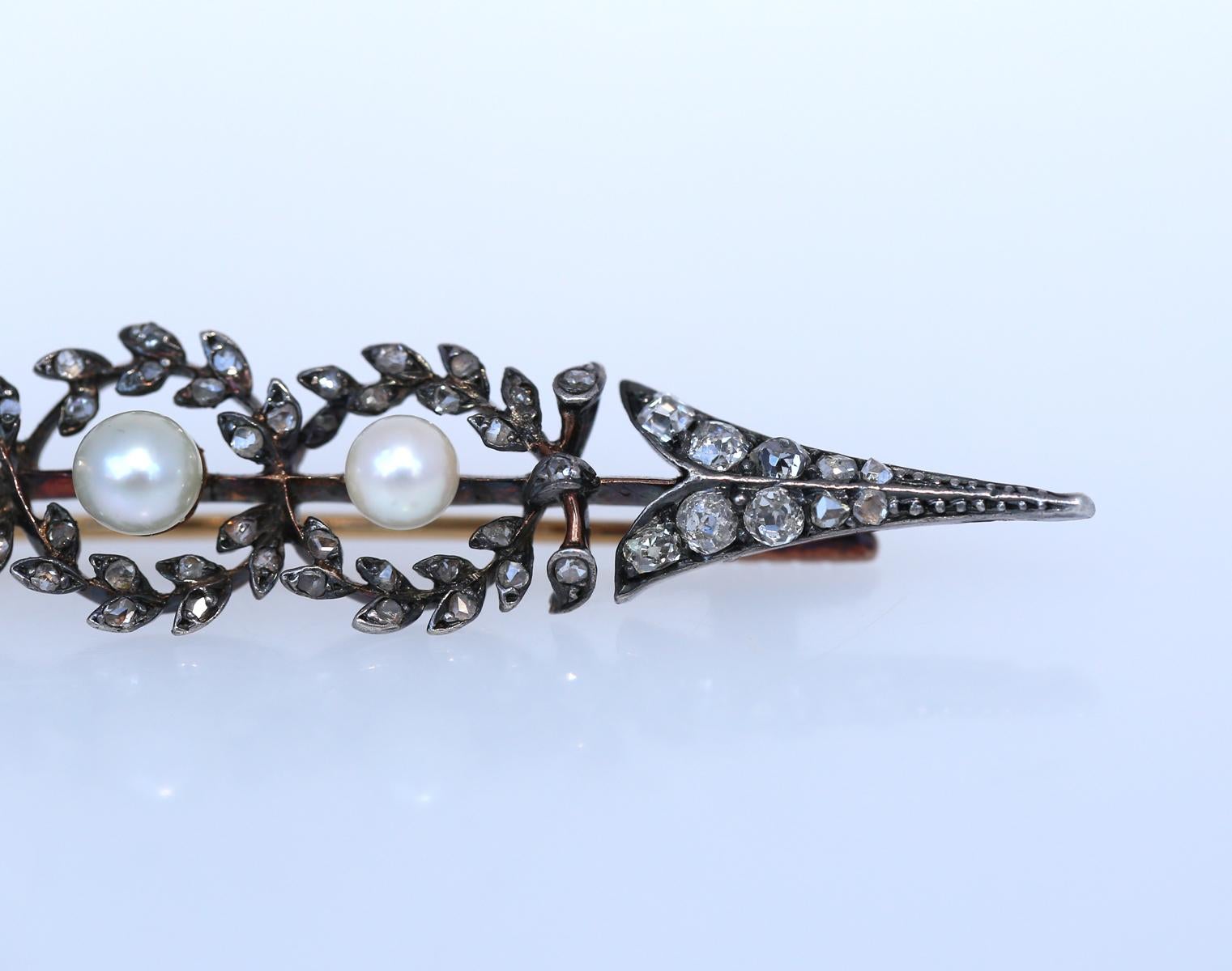 Victorian Arrow Brooch Rose-Cut Diamonds Pearls Gold Silver Unisex, 1895 For Sale 5