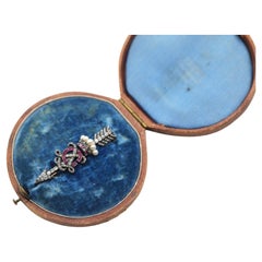 Antique Victorian Arrow Crown Brooch Rubies Diamonds Pearls Gold C X Original Box, 1900