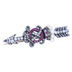 Victorian Arrow Crown Brooch Rubies Diamonds Pearls Gold C X Original Box, 1900