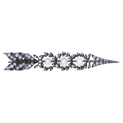 Victorian Arrow Unisex Brooch Diamonds Pearls Gold Silver Original Box, 1895