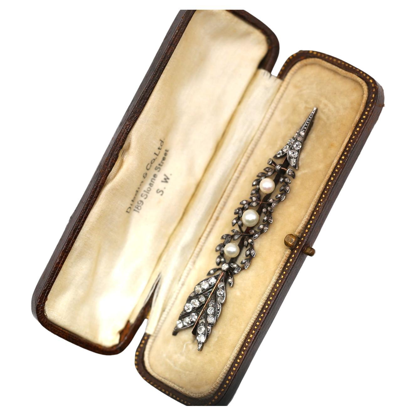 Victorian Arrow Unisex Brooch Diamonds Pearls Gold Silver Original Box, 1895
