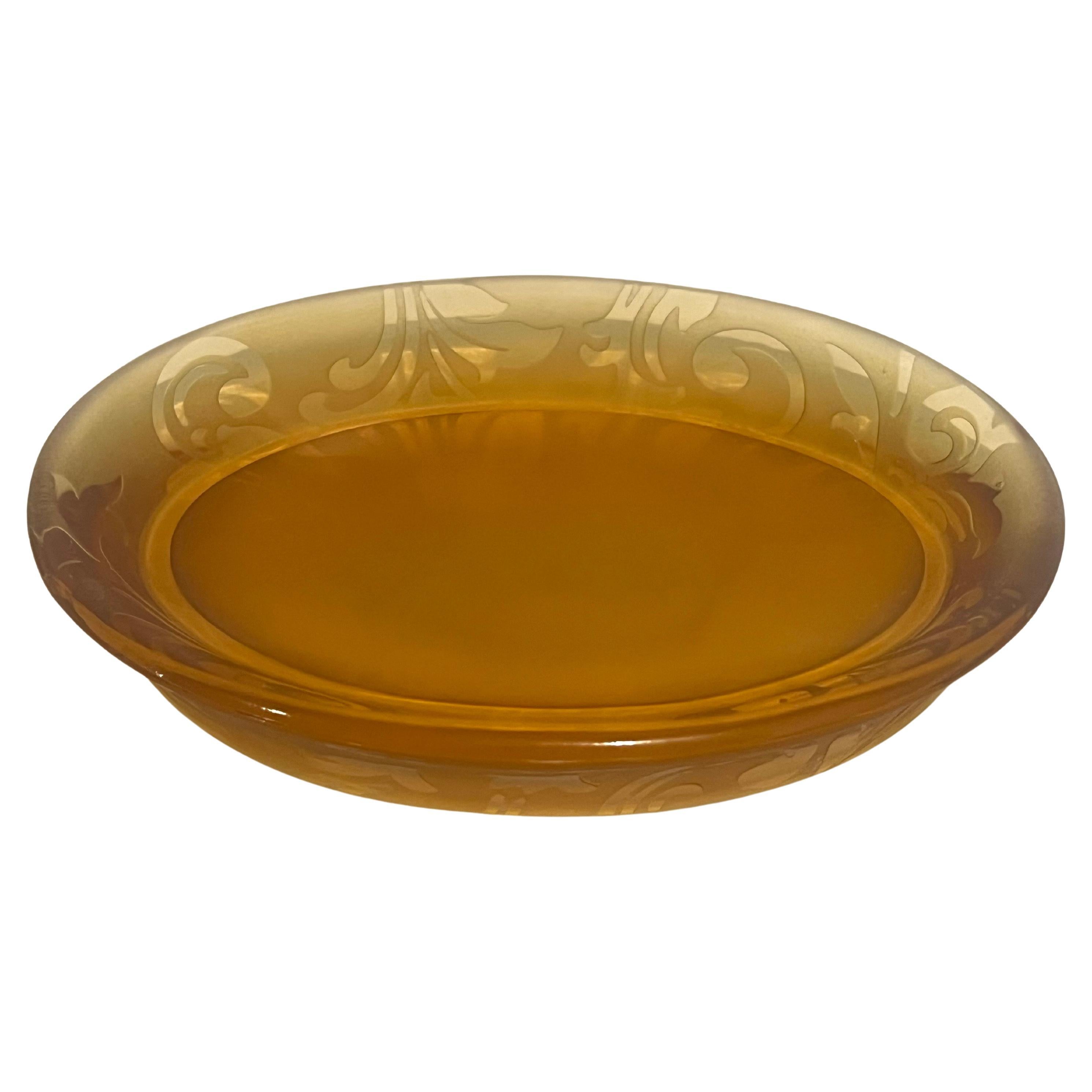Beautiful elegant soap dish circa 1940's , in gorgeous tangerine / amber color with acid etched motif , great condition no chips or cracks.