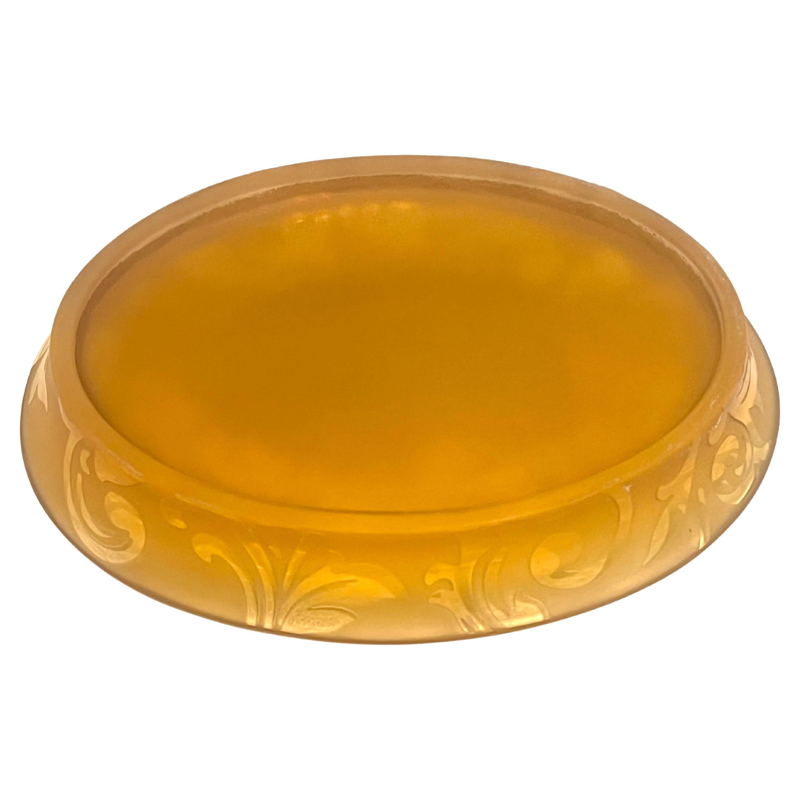 American Victorian Art Deco Tangerine/Amber Glass Soap Dish Acid Etched Motif For Sale