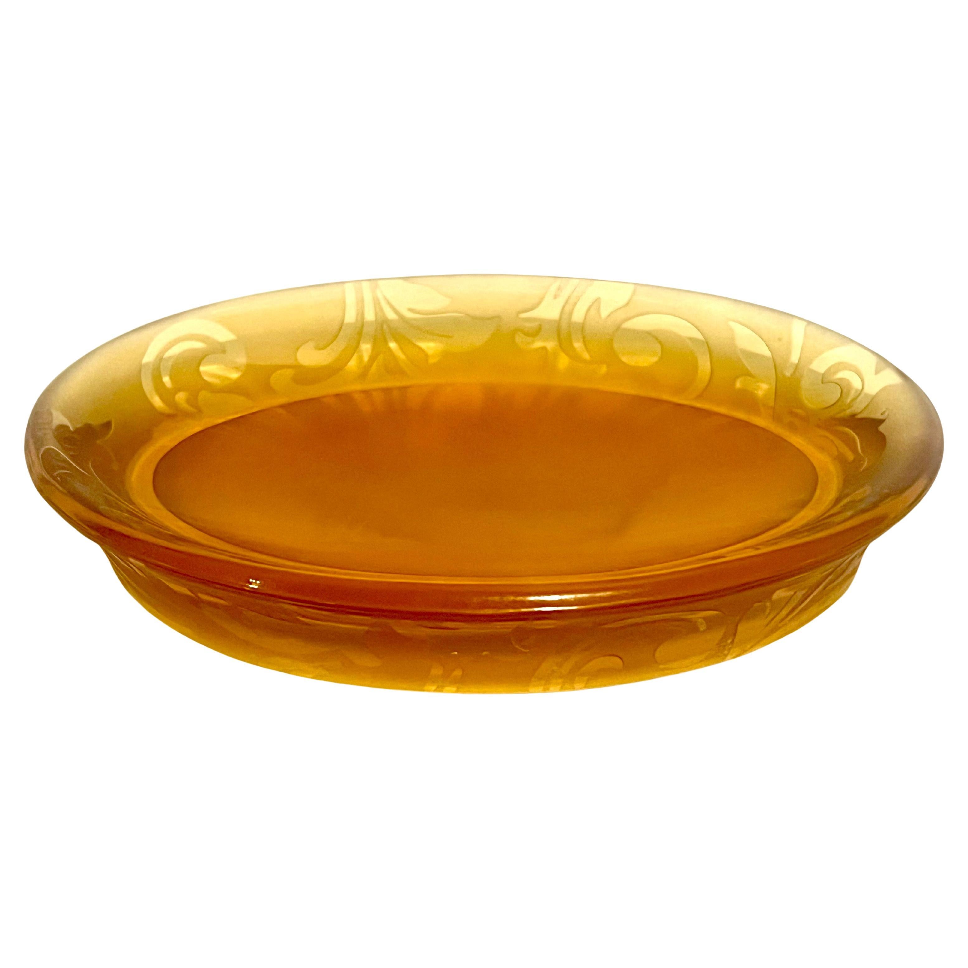 20th Century Victorian Art Deco Tangerine/Amber Glass Soap Dish Acid Etched Motif For Sale