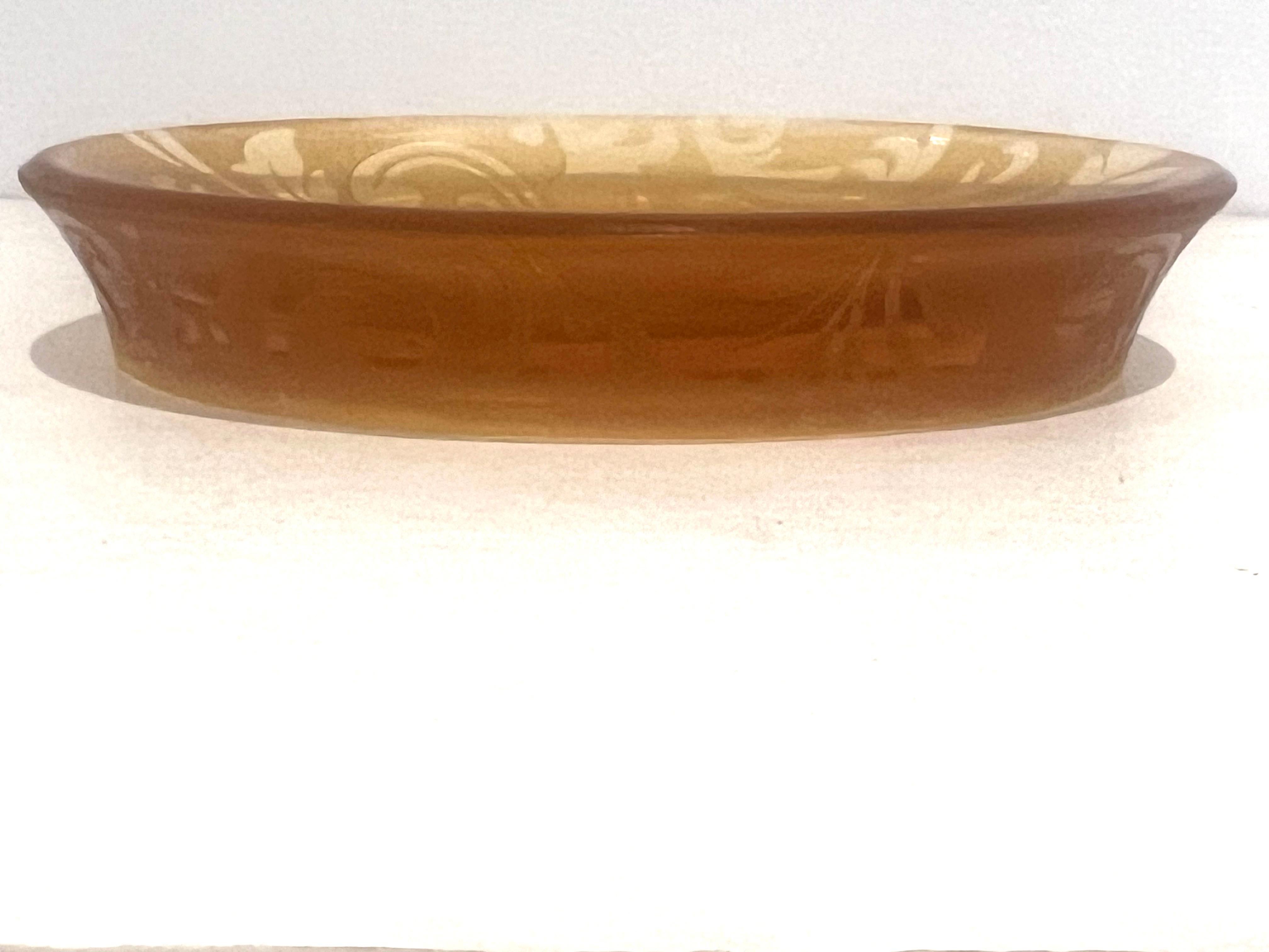 Art Glass Victorian Art Deco Tangerine/Amber Glass Soap Dish Acid Etched Motif For Sale