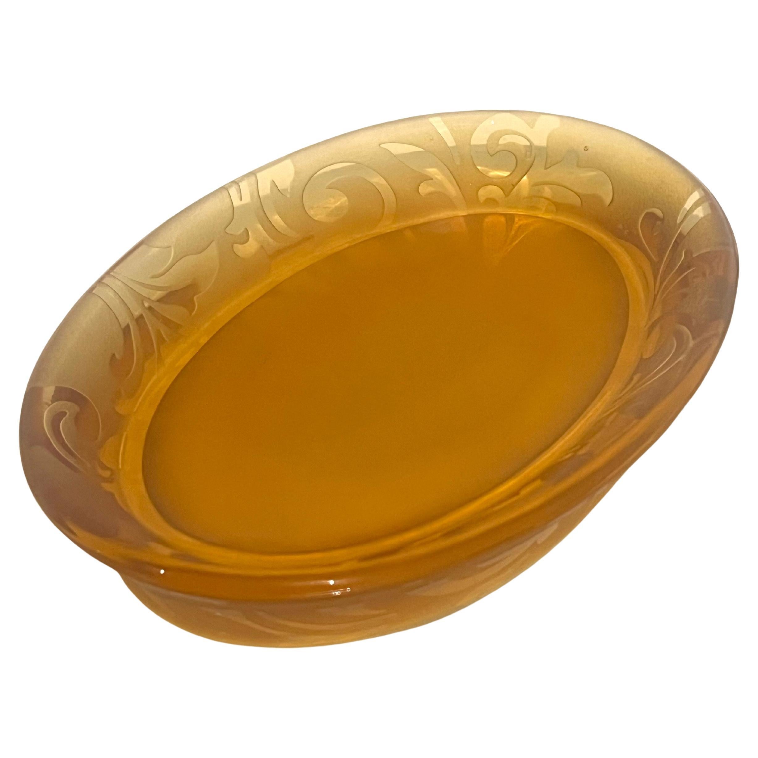 Victorian Art Deco Tangerine/Amber Glass Soap Dish Acid Etched Motif For Sale