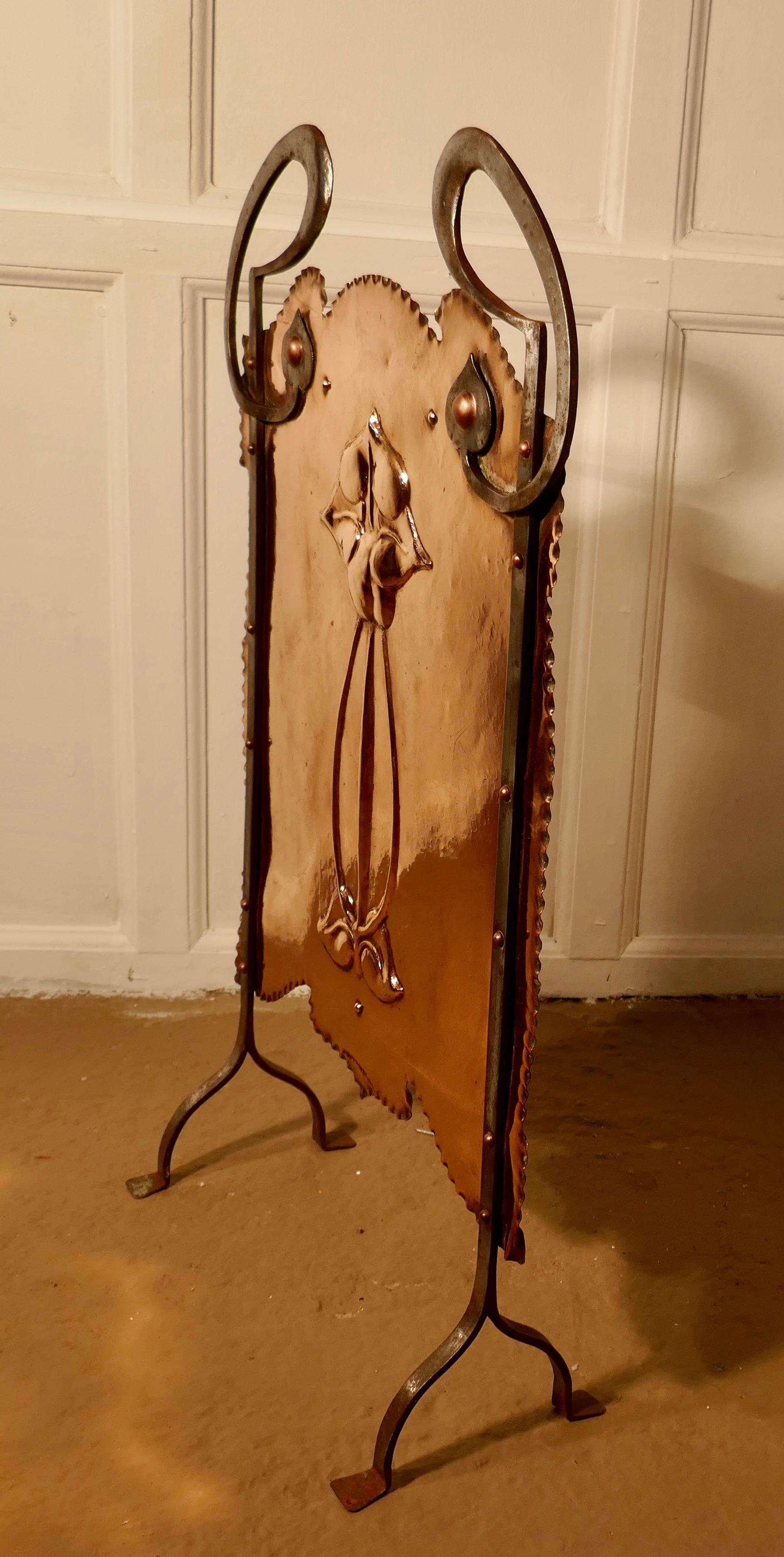 19th Century Victorian Art Nouveau Copper and Polished Steel Fire Screen