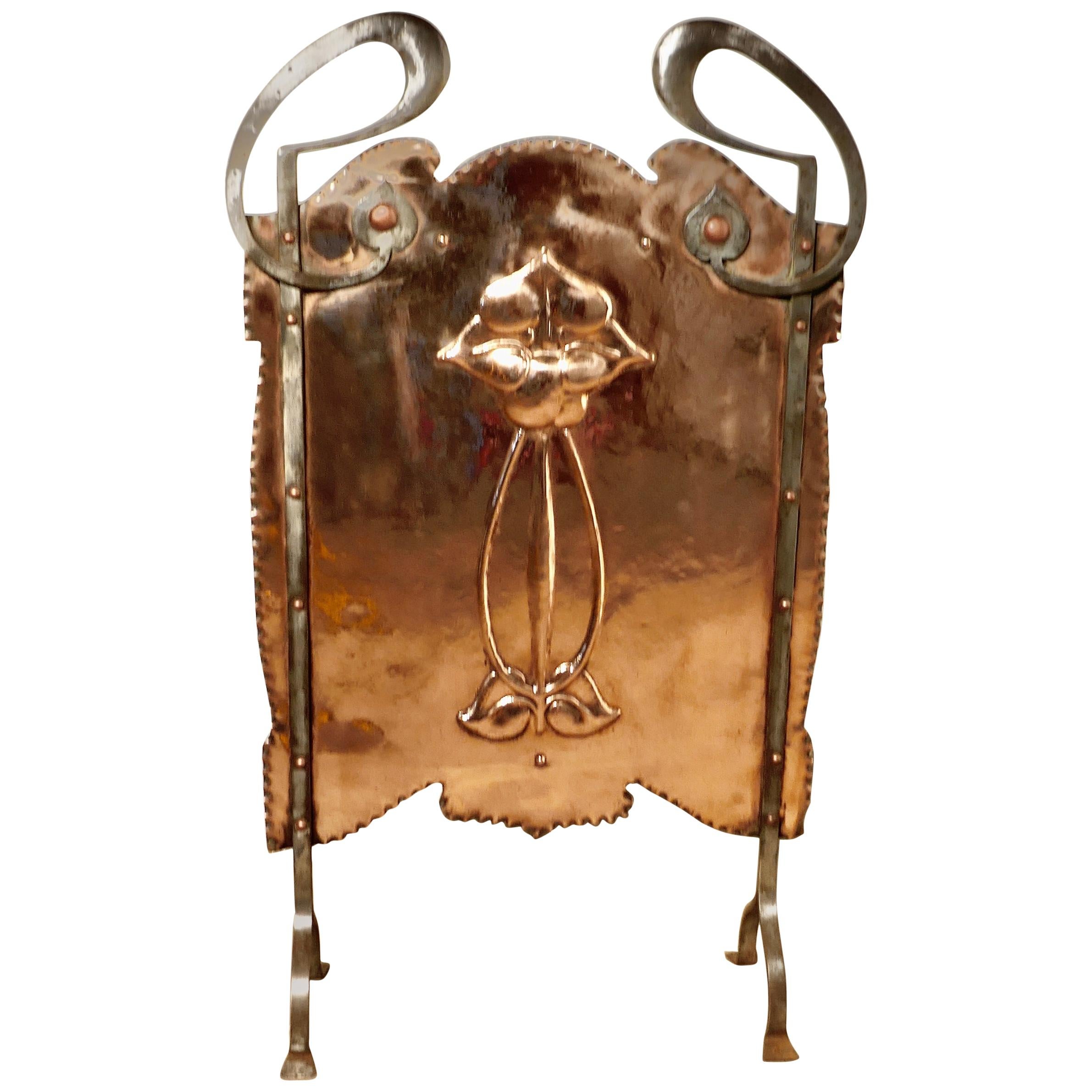 Victorian Art Nouveau Copper and Polished Steel Fire Screen
