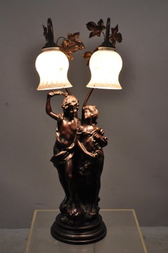 Victorian Art Nouveau French Twin Figural Male & Female Metal Parlor Table Lamp