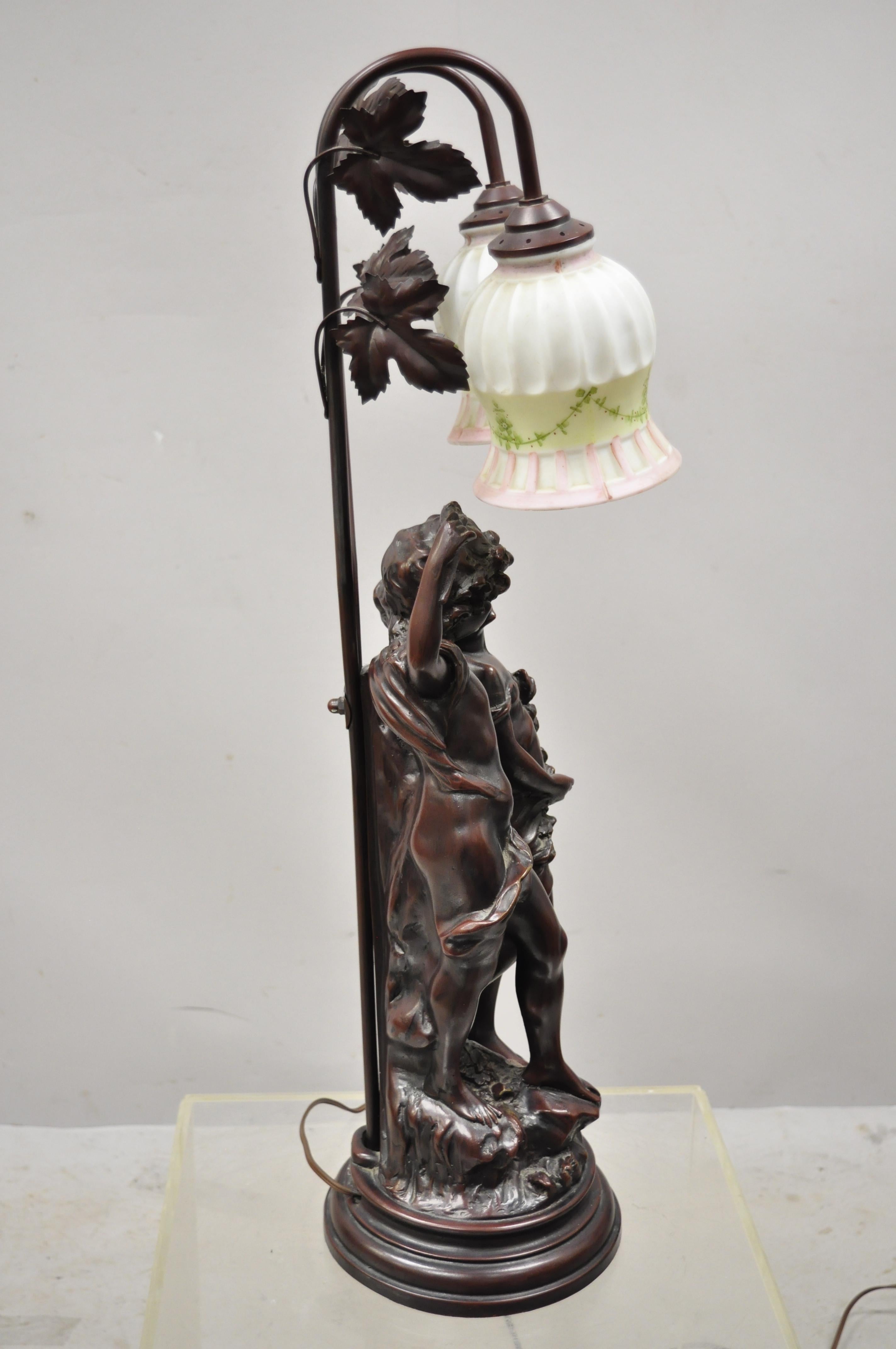 20th Century Victorian Art Nouveau French Twin Figural Male & Female Metal Parlor Table Lamp