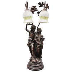 Victorian Art Nouveau French Twin Figural Male & Female Metal Parlor Table Lamp
