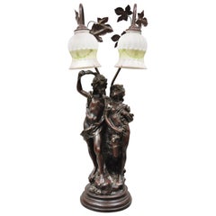 Vintage Victorian Art Nouveau French Twin Figural Male & Female Metal Parlor Table Lamp