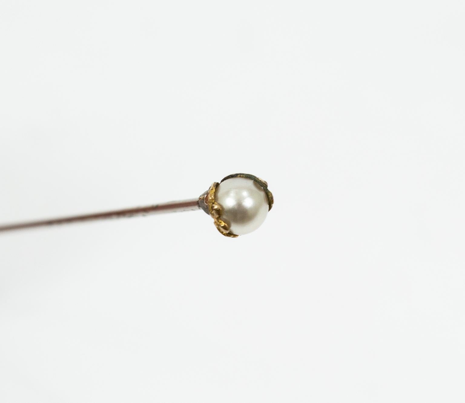 Ball Cut Victorian Art Nouveau Hat Pin with Cultured Pearl in Gold Talon, 1900s