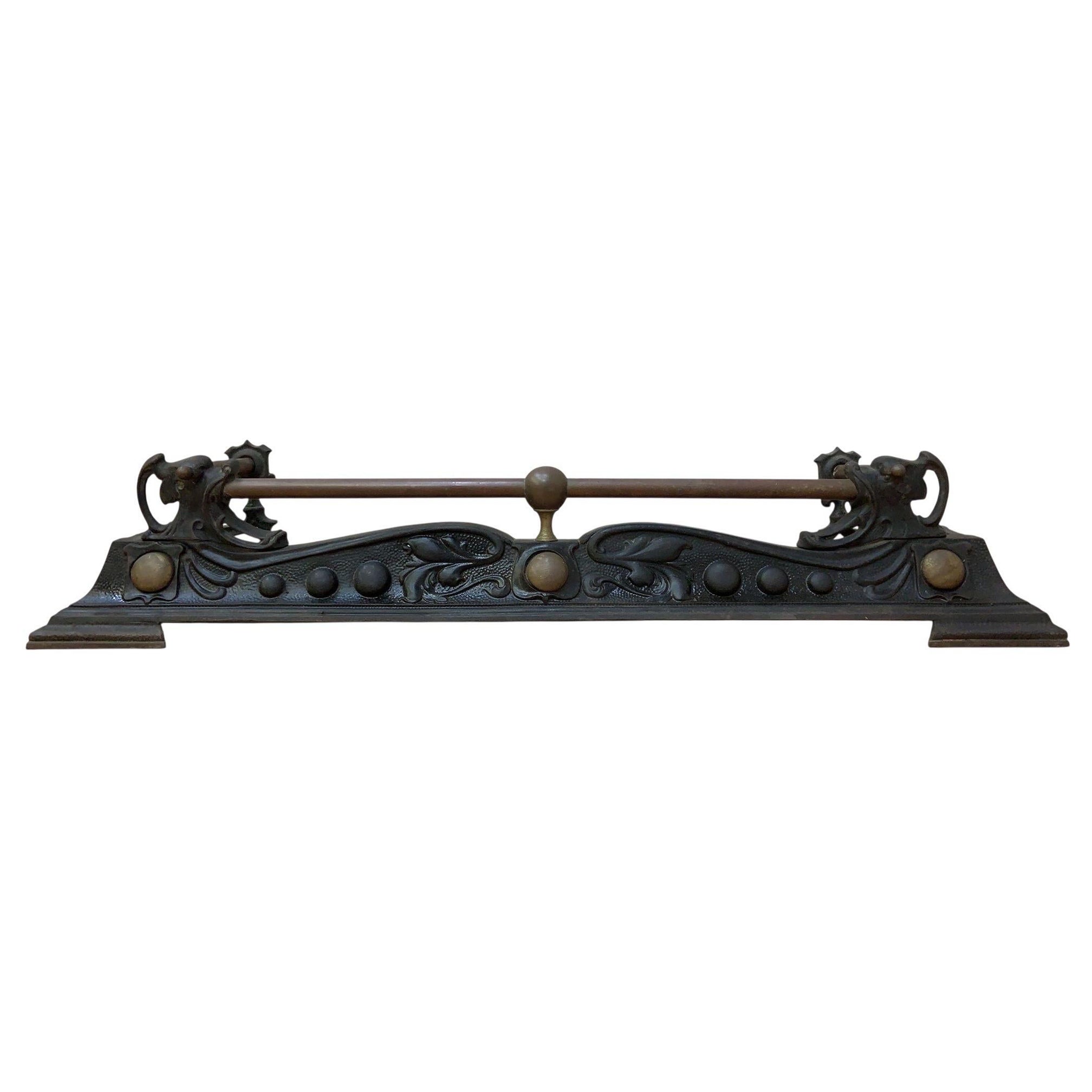 Victorian Art Nouveau Style Cast Iron and Brass Fire Fender