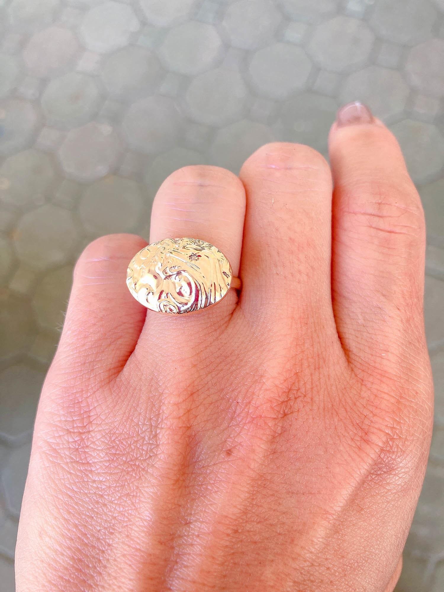 Victorian Art Nouveau Woman Face Diamond Repousse Ring 14K Yellow Gold R6280 In New Condition For Sale In Osprey, FL