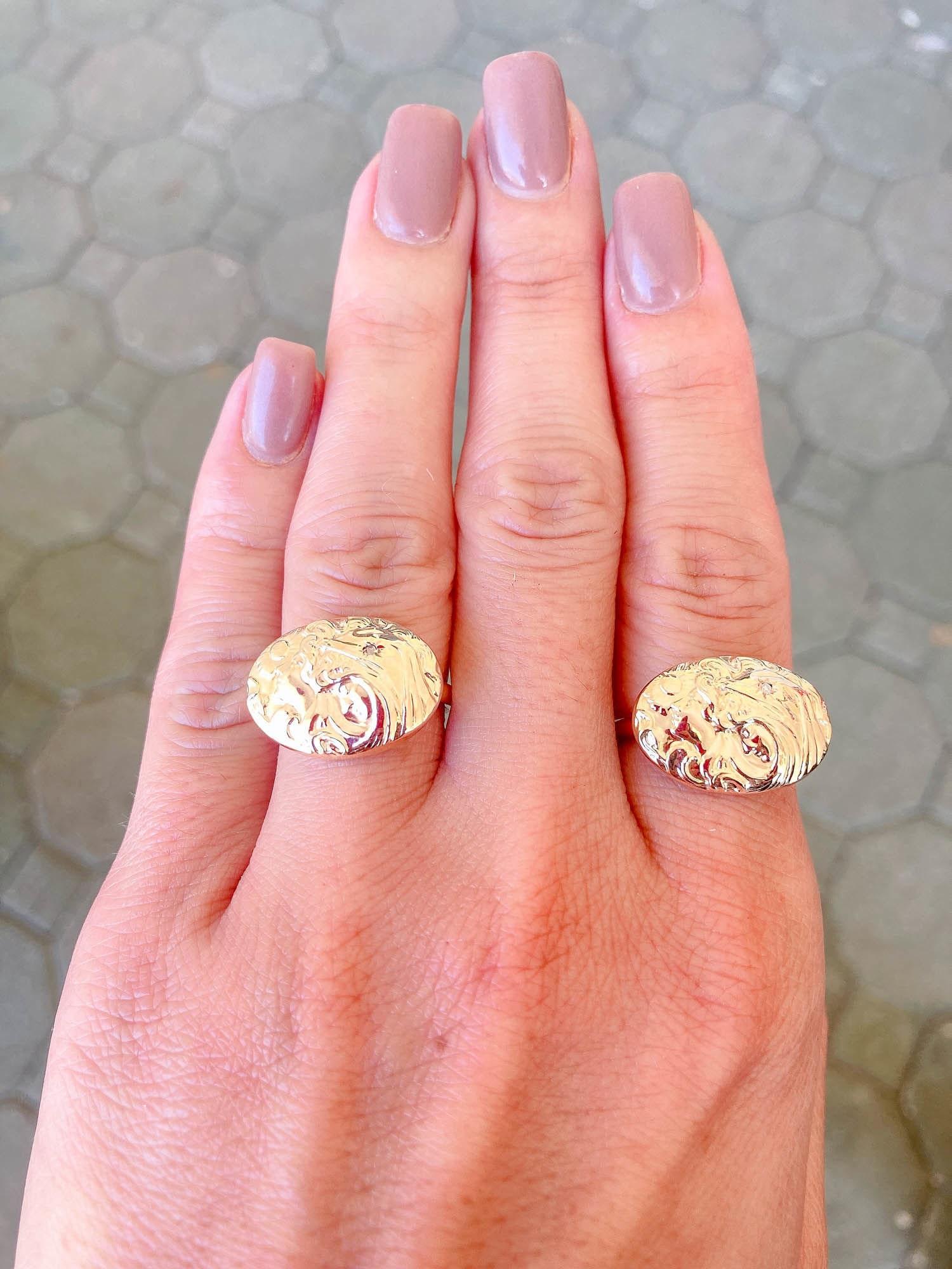 Women's Victorian Art Nouveau Woman Face Diamond Repousse Ring 14K Yellow Gold R6280 For Sale
