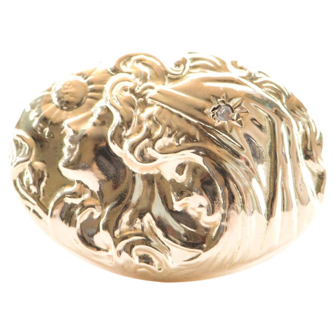 Victorian Art Nouveau Woman Face Diamond Repousse Ring 14K Yellow Gold R6280 For Sale