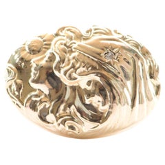 Victorian Art Nouveau Woman Face Diamond Repousse Ring 14K Yellow Gold R6280