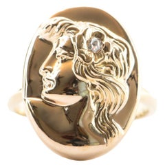 Victorian Art Nouveau Woman Face Diamond Repousse Ring 14K Yellow Gold R6281