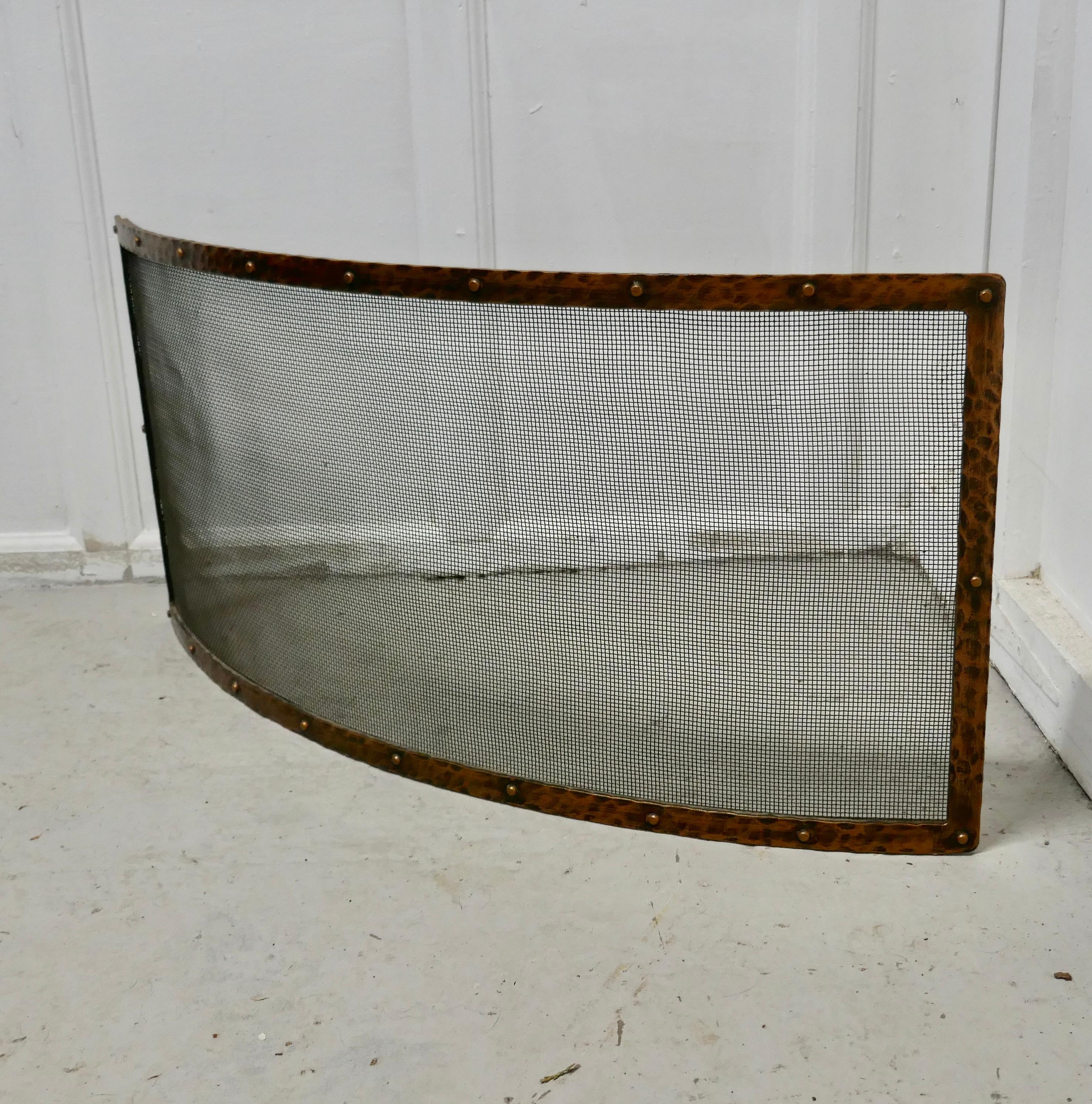 Arts and Crafts Victorian Arts & Crafts Beaten Copper Curved Fire Guard, Spark Screen