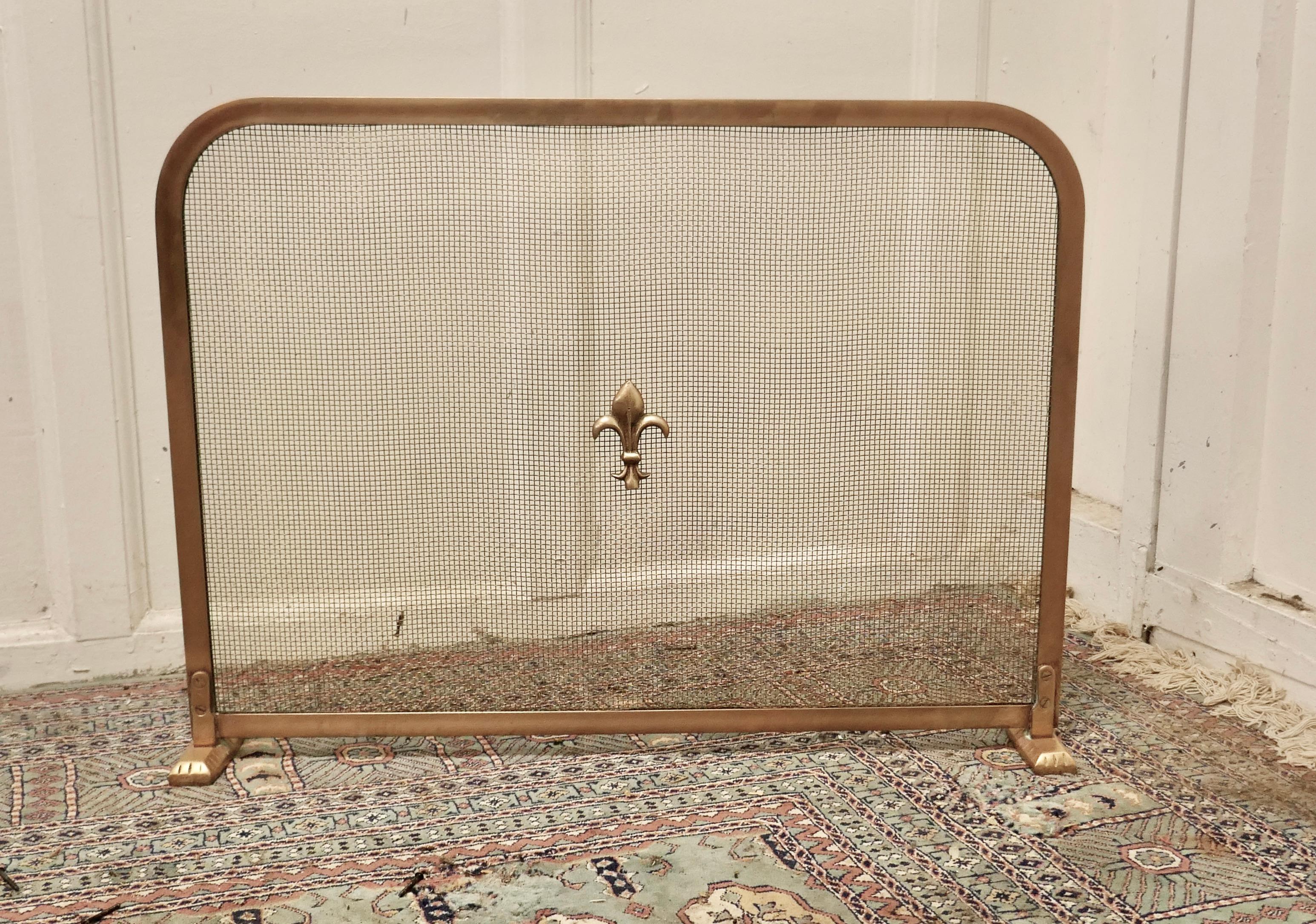 Victorian arts and crafts brass fire guard, spark screen

The Fire guard is a stylish good quality piece it is made in brass with a Fine mesh screen and has a “fleurs des lys decoration”.
A delightful decorative piece which is very practical and
