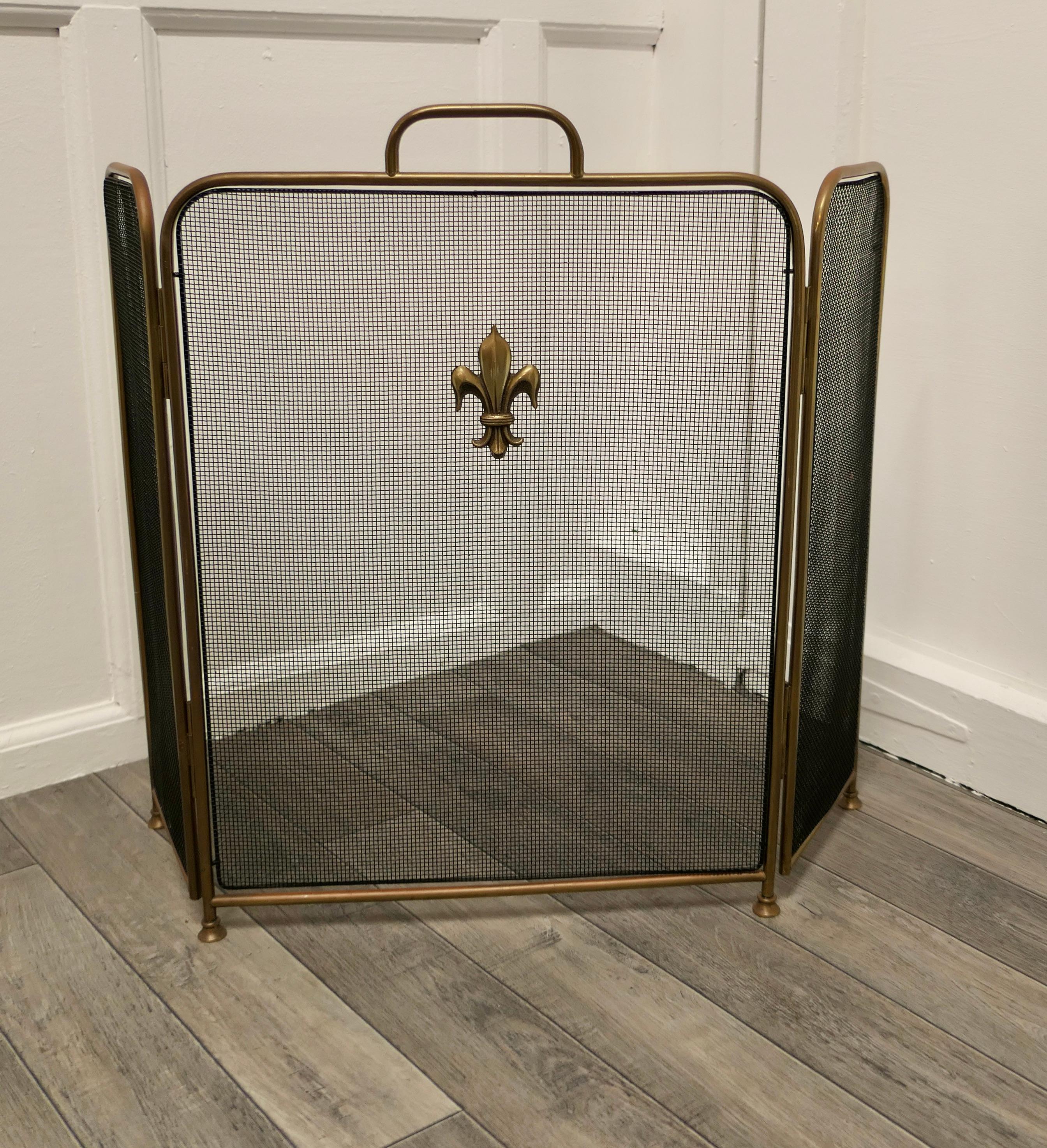 Victorian arts and crafts brass fire guard, spark screen

The Fire guard is a stylish good quality piece it is made in brass with a copper finish screen and has a “fleurs des lys decoration” at the centre
It has the added advantage that it folds