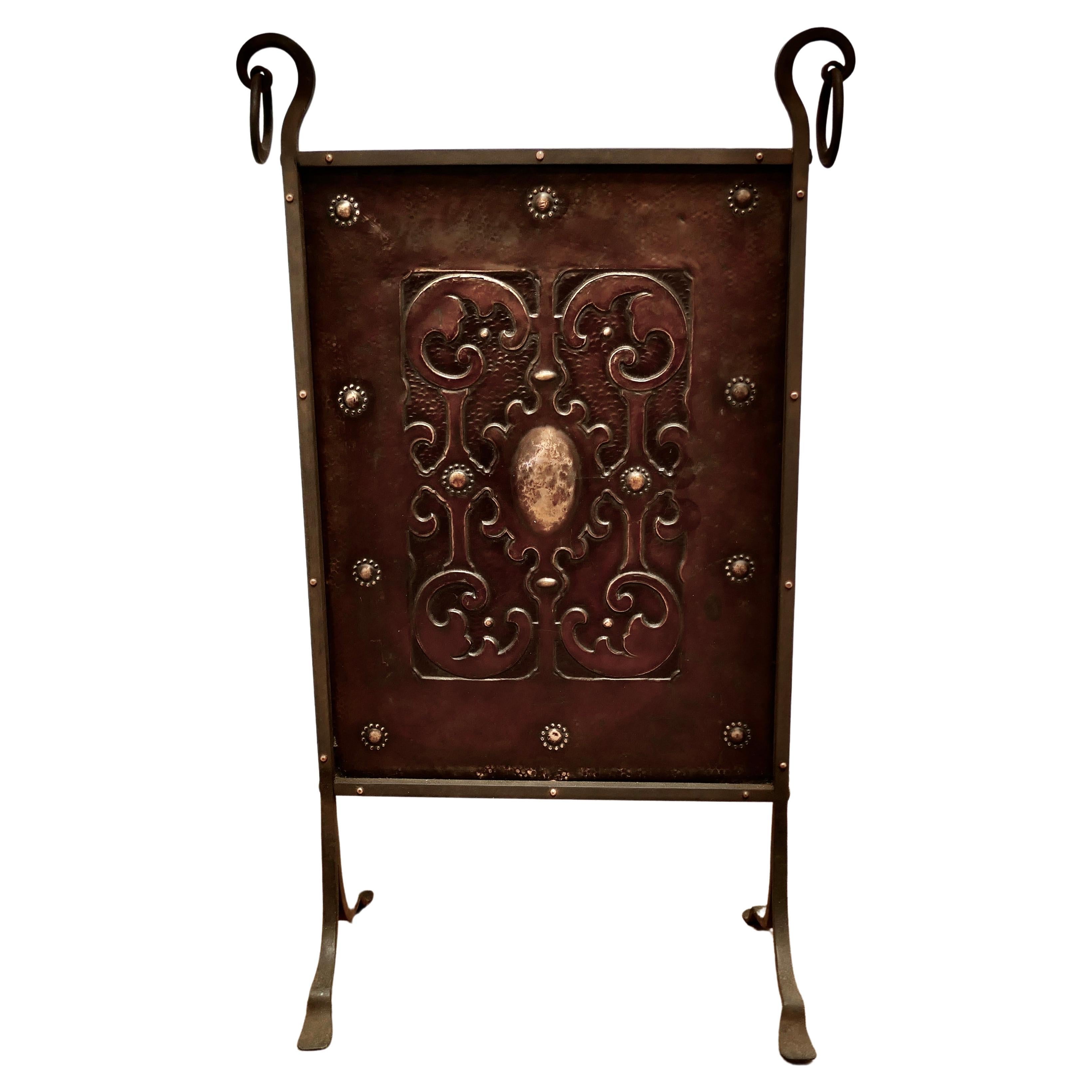 Victorian Arts and Crafts Copper and Iron Fire Screen    For Sale