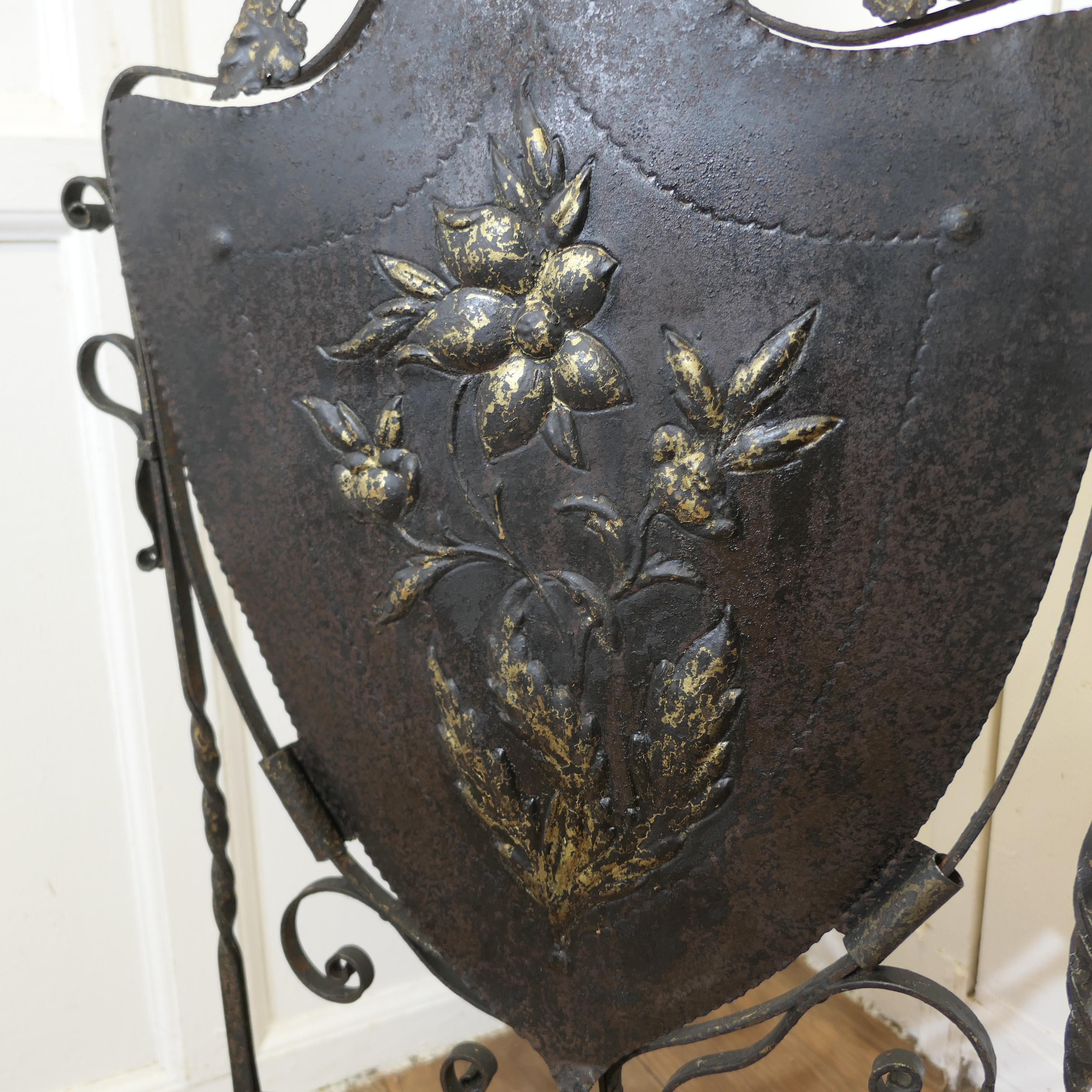 19th Century Victorian Arts and Crafts Gothic Shield Iron Fire Screen For Sale