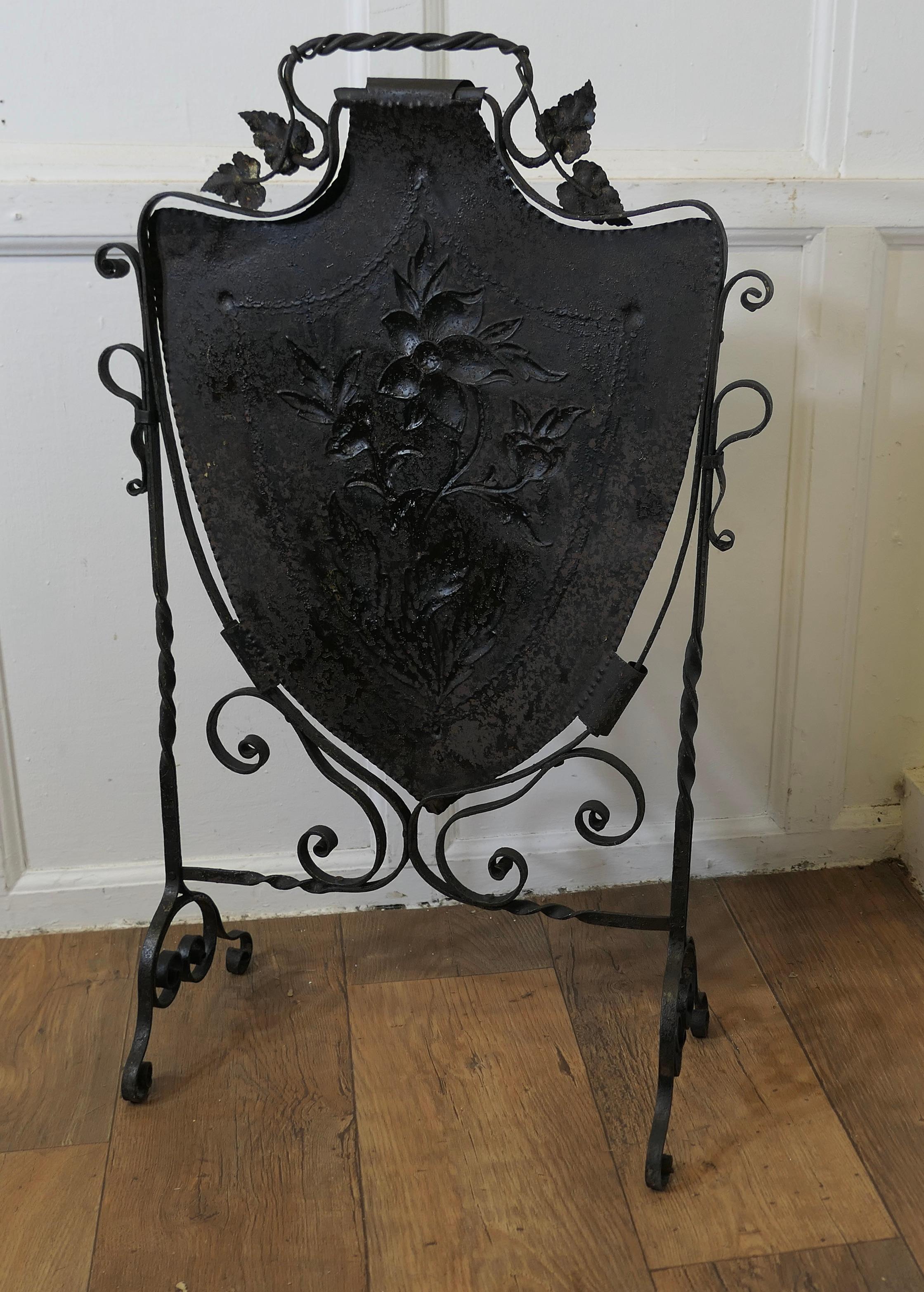 Victorian Arts and Crafts Gothic Shield Iron Fire Screen For Sale 1