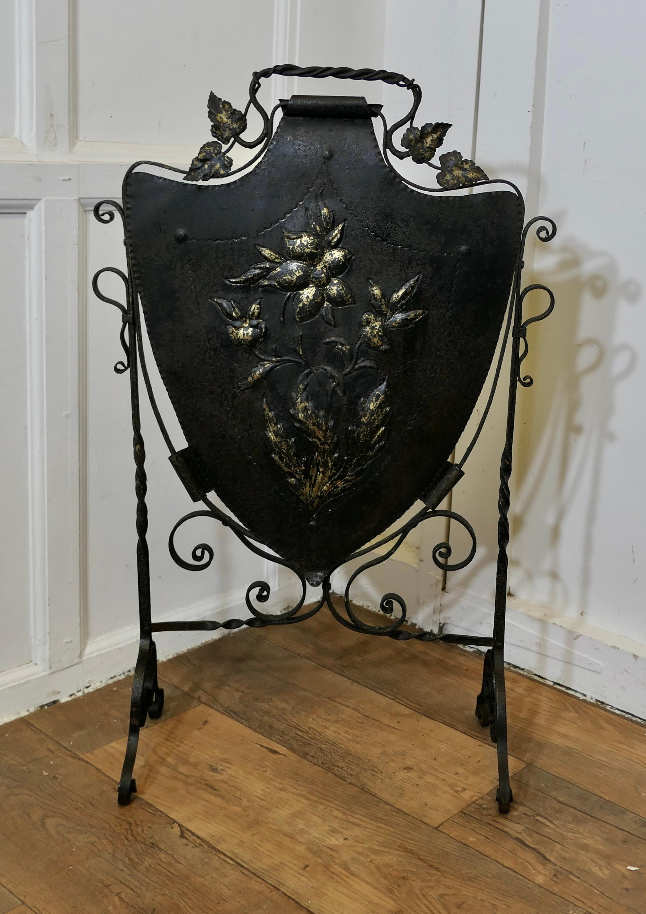 Victorian Arts and Crafts Gothic Shield Iron Fire Screen For Sale 2