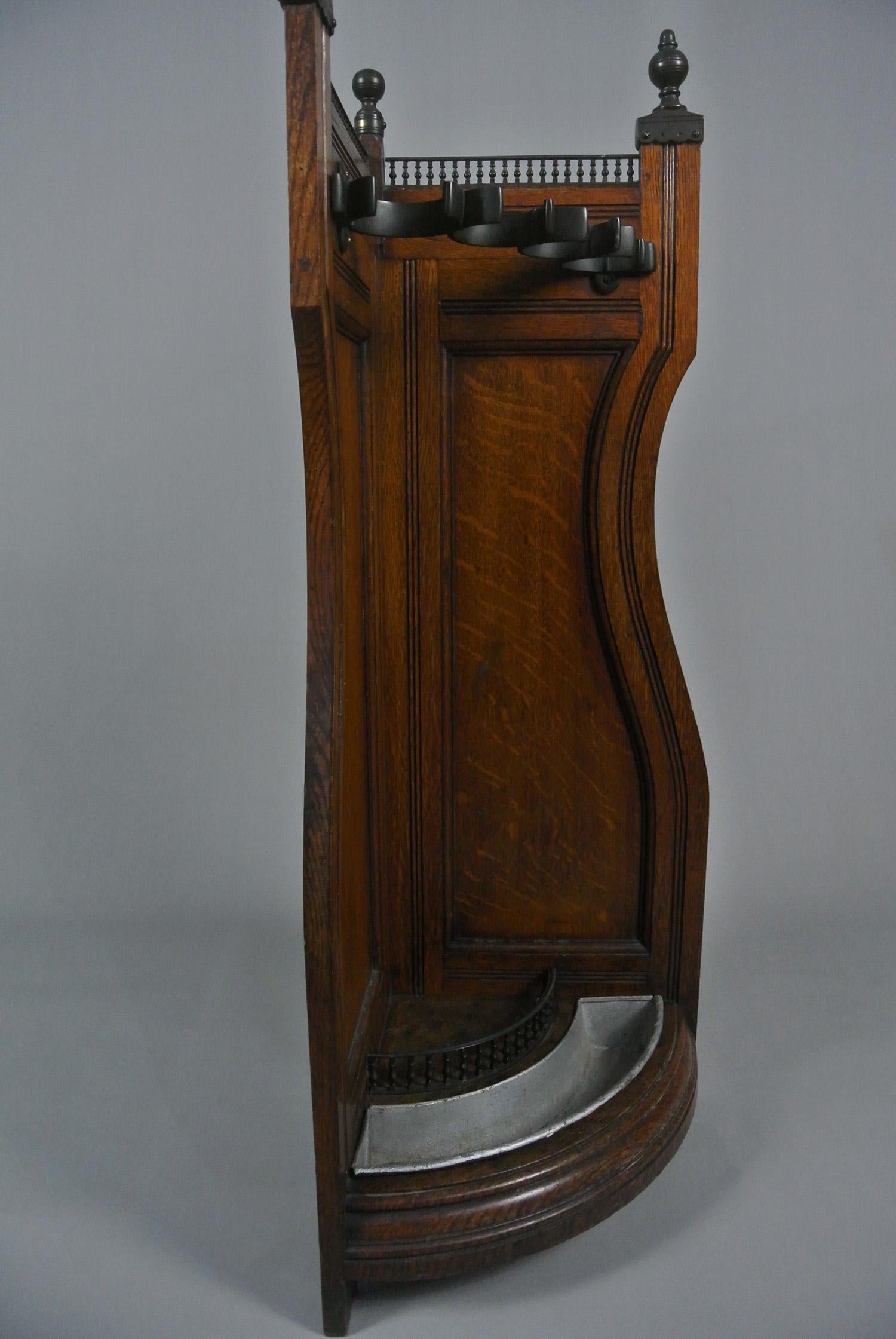 Victorian Arts and Crafts Oak and Bronze Corner Stick Stand c. 1880 In Good Condition For Sale In Heathfield, GB