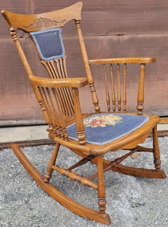 Victorian Arts and Crafts Pressback Oak & Needlepoint Upholstered Rocking Chair