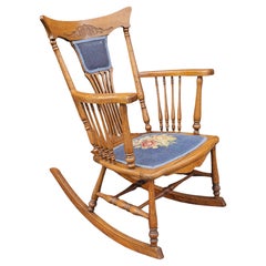 Victorian Arts and Crafts Pressback Oak & Needlepoint Upholstered Rocking Chair